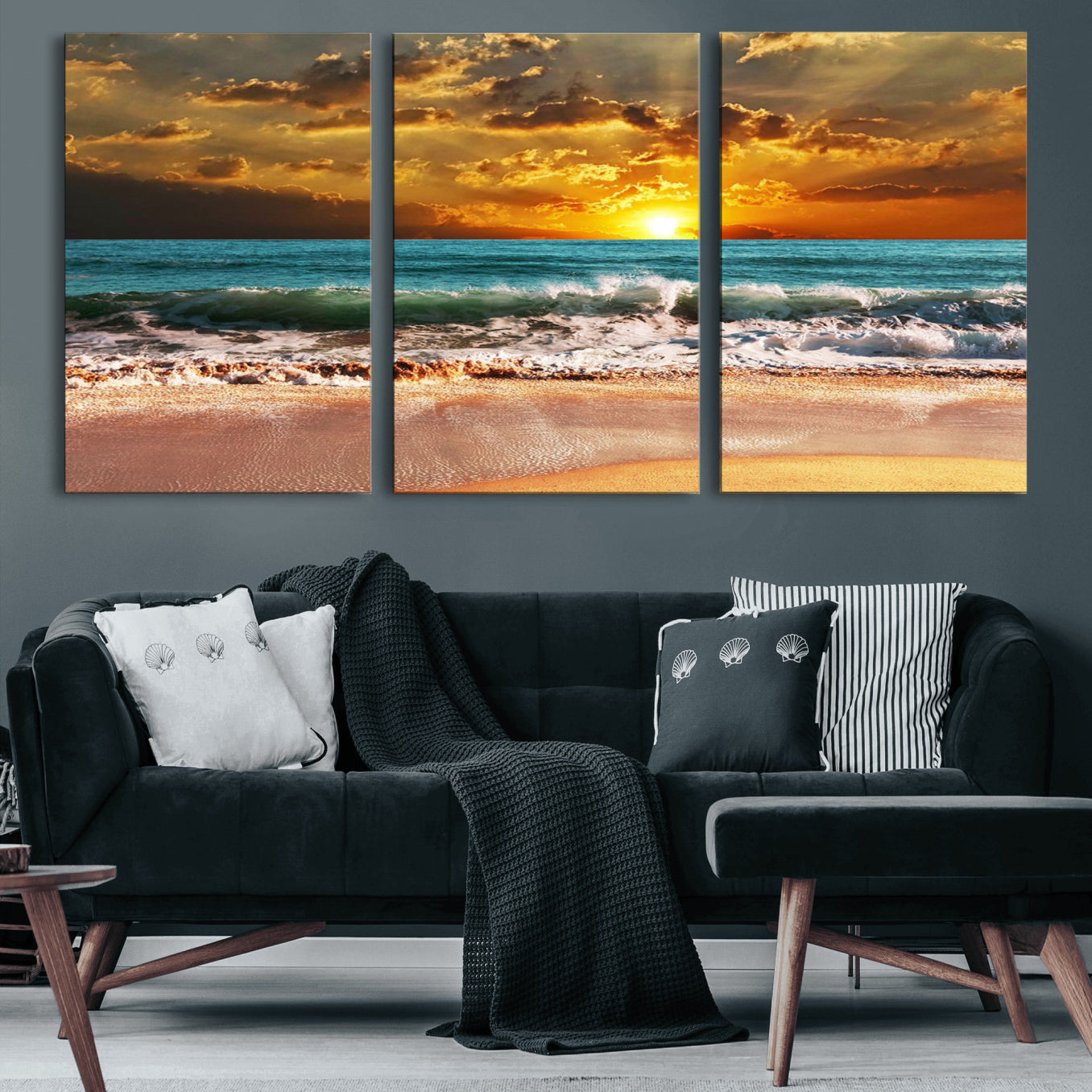 16495-MGV-CV-60X30-3P-Golden Sunset Beach Canvas Wall Art – Triptych Seascape Print – Framed and Ready to Hang for Living