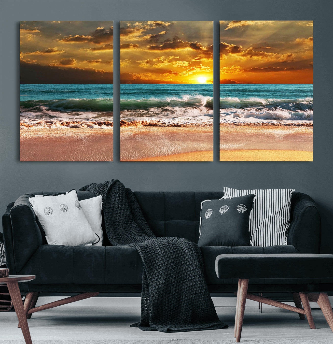16495-MGV-CV-60X30-3P-Golden Sunset Beach Canvas Wall Art – Triptych Seascape Print – Framed and Ready to Hang for Living