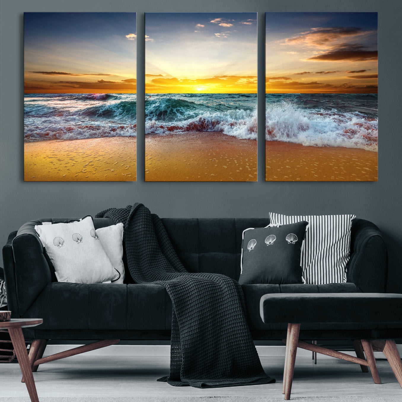 73401-MGV-CV-60X30-3P-Golden Sunset Ocean Waves Wall Art Canvas Print – Multi Panel Beach Canvas Print Set – Large Coastal