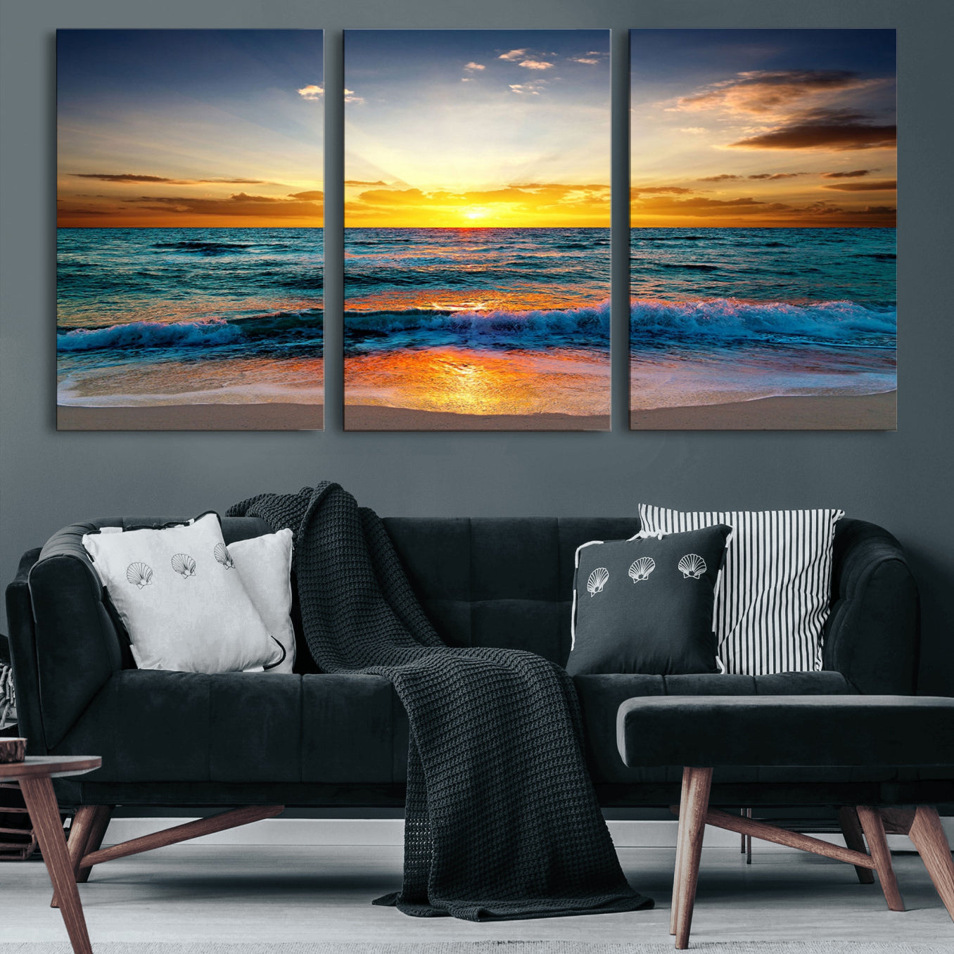 50627-MGV-CV-60X30-3P-Vibrant Ocean Sunrise Over Golden Beach Waves, Giclee Canvas Wall Art Set, High-Quality Stretched