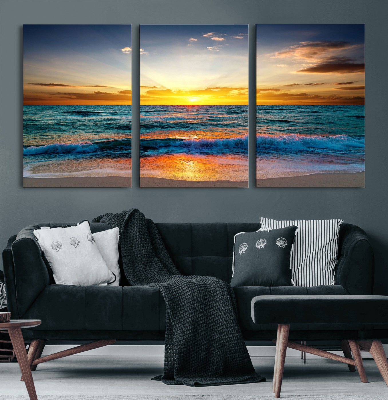 50627-MGV-CV-60X30-3P-Vibrant Ocean Sunrise Over Golden Beach Waves, Giclee Canvas Wall Art Set, High-Quality Stretched
