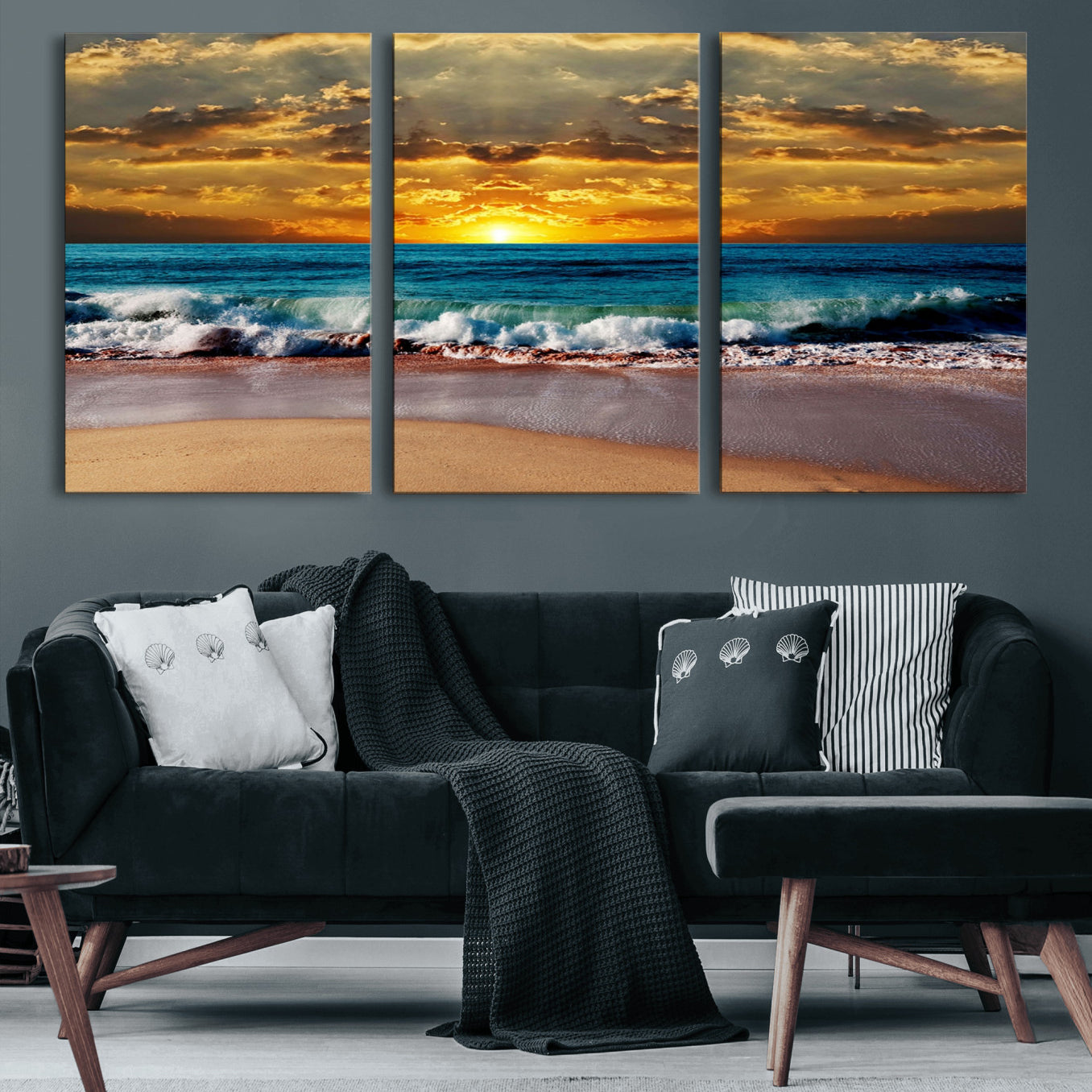 83389-MGV-CV-60X30-3P-Ocean Sunrise Over Golden Beach Waves, Giclee Canvas Wall Art Set, High-Quality Stretched Canvas