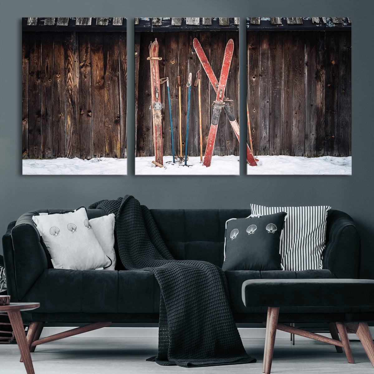 Vintage Ski Gear Canvas Print, Vintage Ski Gear Against Wooden Cabin ...