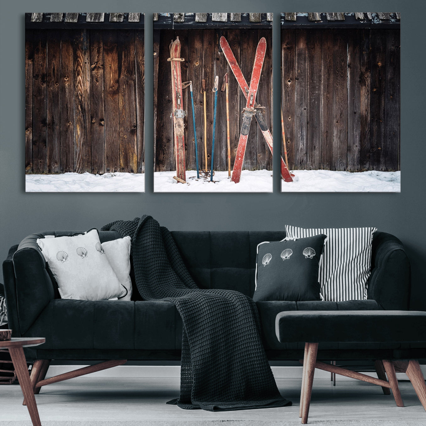 78590-MGV-CV-36X24-Vintage Ski Gear Canvas Print, Vintage Ski Gear Against Wooden Cabin Wall, Rustic Winter Sports