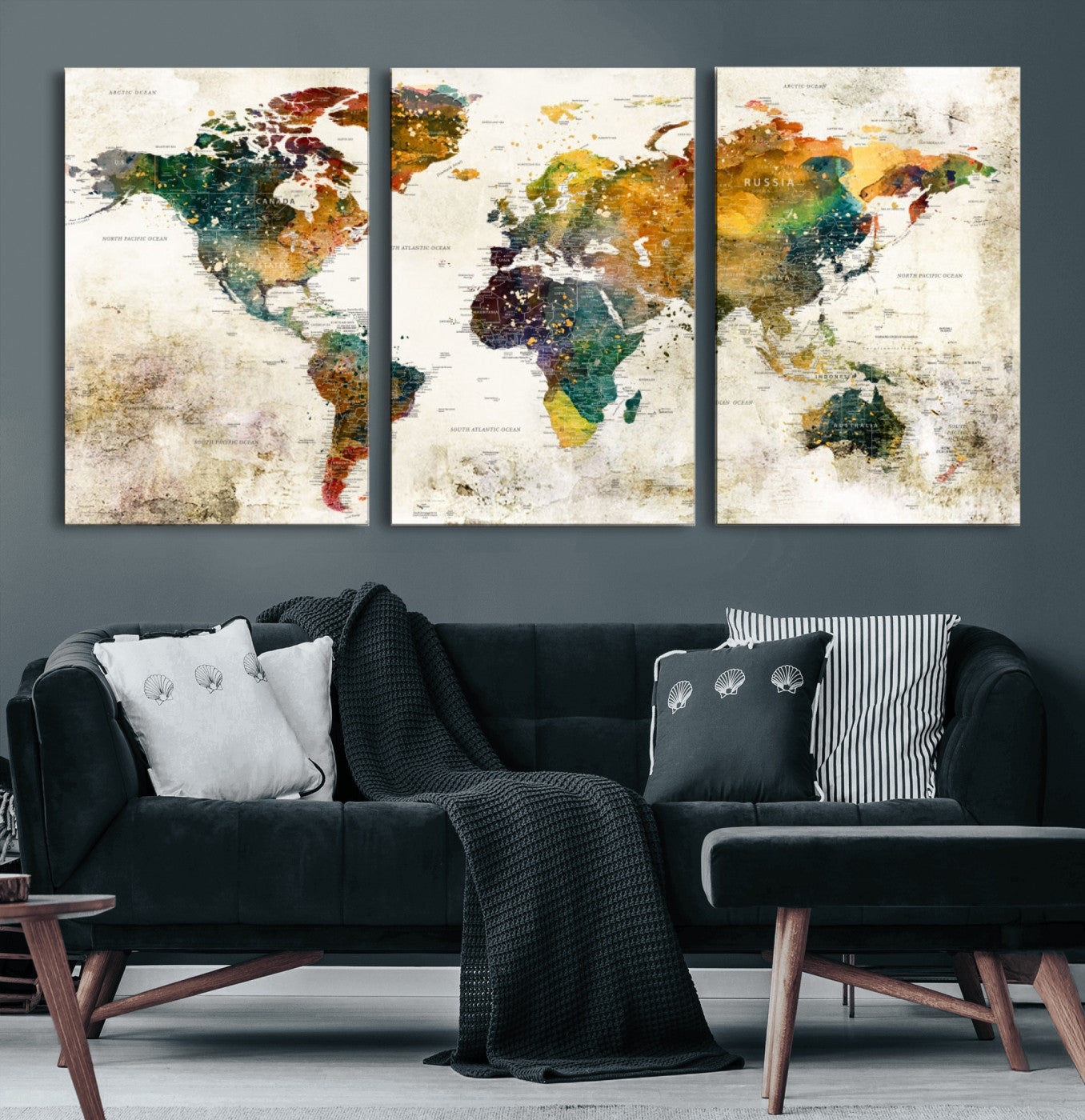 39605-MGV-CV-60X30-3P-Vintage Watercolor World Map Canvas Wall Art – Framed Push Pin Travel Map for Home and Office Decor, Rustic Artistic World Map Artwork