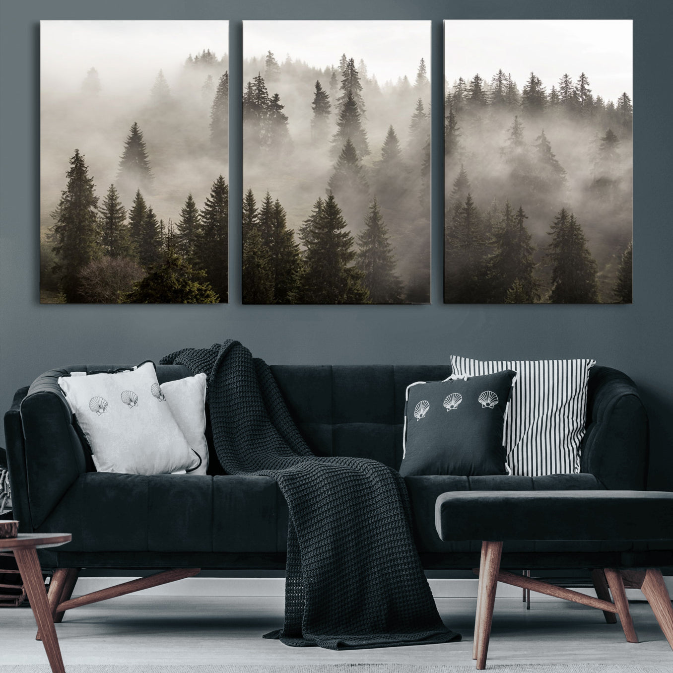 62862-MGV-CV-36X24-Foggy Mountain Wall Art | 3-Panel Foggy Forest and Mountain Landscape | Large Giclee Print for