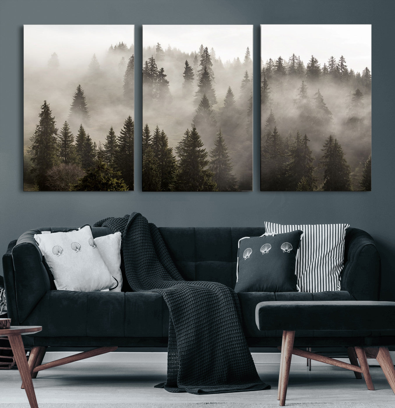 62862-MGV-CV-36X24-Foggy Mountain Wall Art | 3-Panel Foggy Forest and Mountain Landscape | Large Giclee Print for