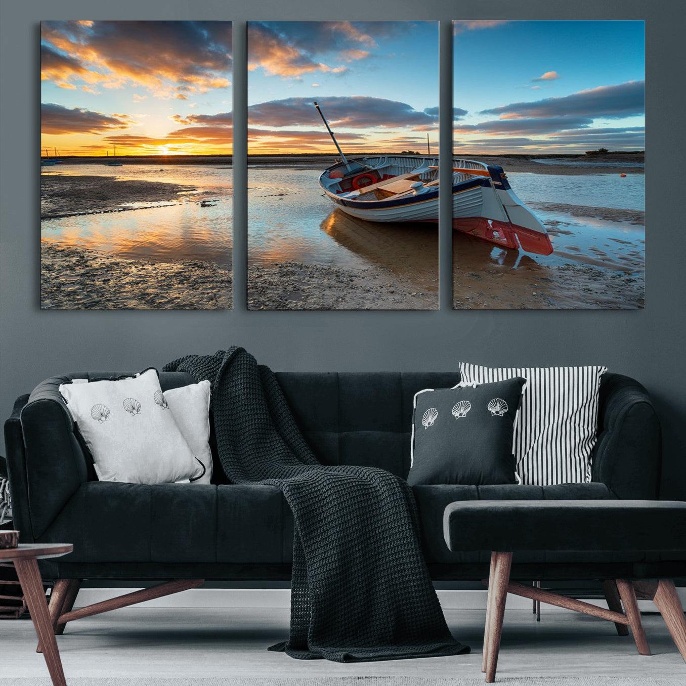 -Small Boat At The Beach Sunset Wall Art, Boat Sunset Wall Art Canvas Print
