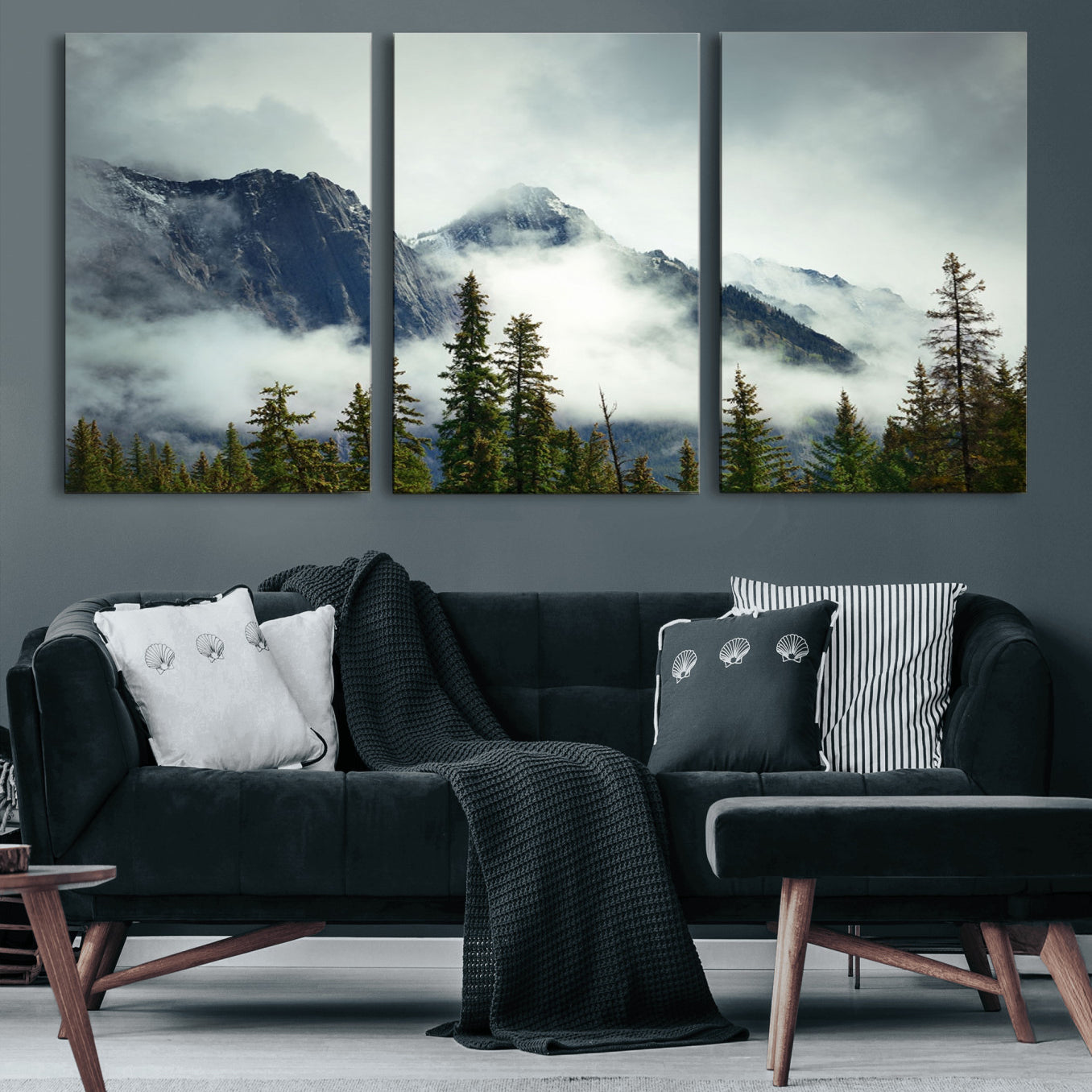 93219-MGV-CV-60X30-3P-Mountain Mist Canvas Wall Art Print | 3-Panel Foggy Forest and Mountain Landscape | Large Giclee
