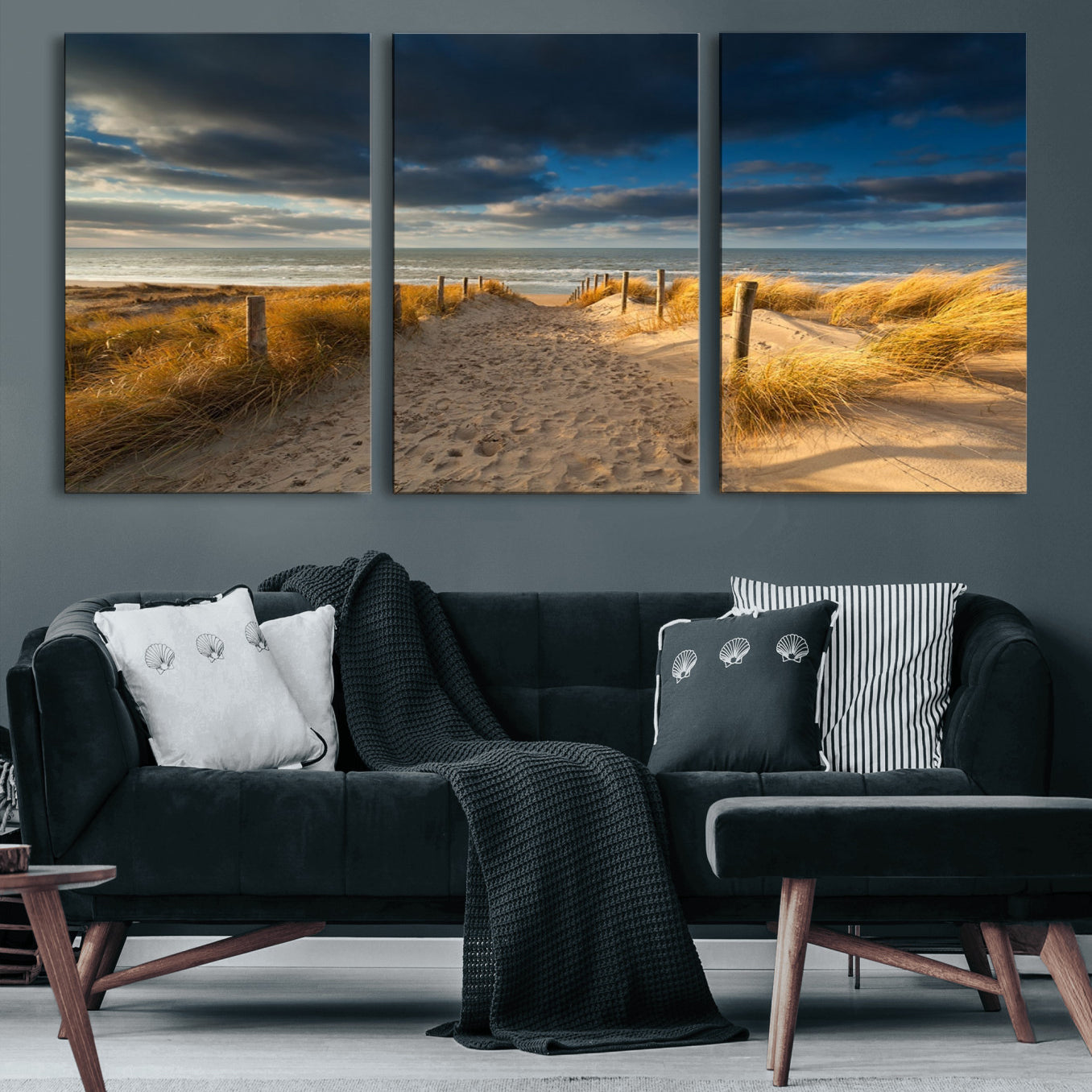 12360-MGV-CV-60X30-3P-Ocean Beach Dark Clouds Wall Art Canvas Print