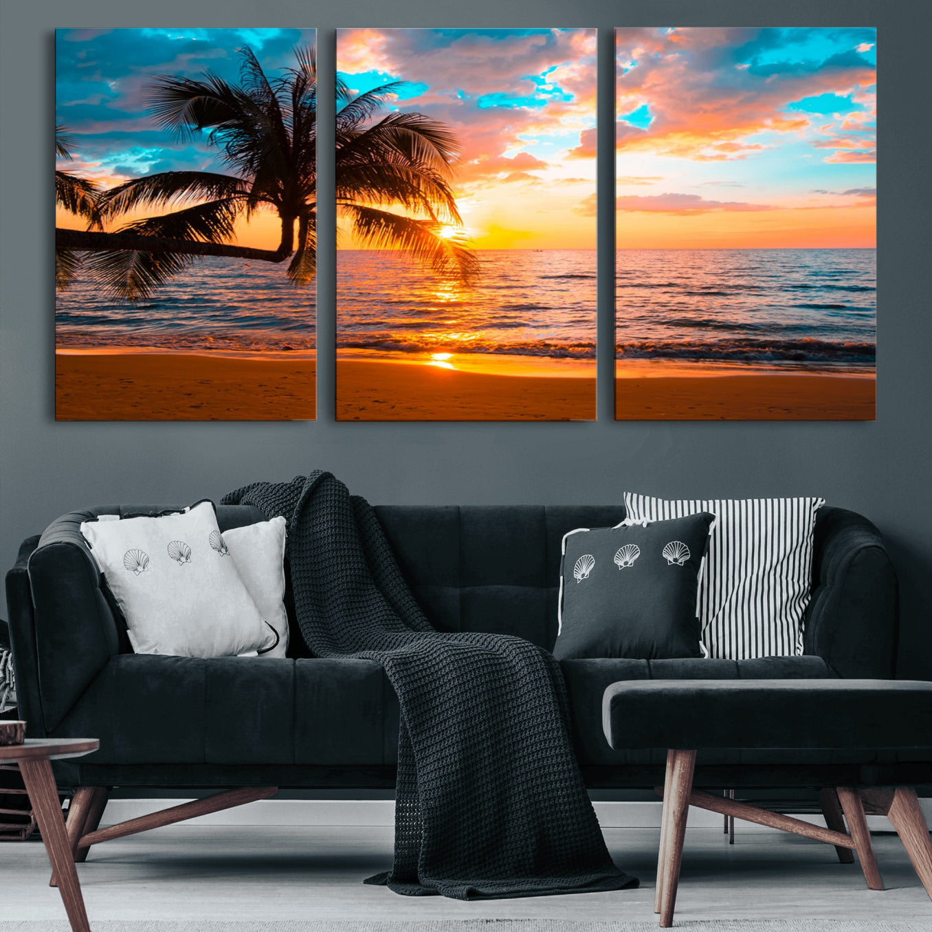 34674-MGV-CV-60X30-3P-Palm Tree Sunset On The Beach Wall Art Canvas, Framed Palm Tree Sunset Canvas Print