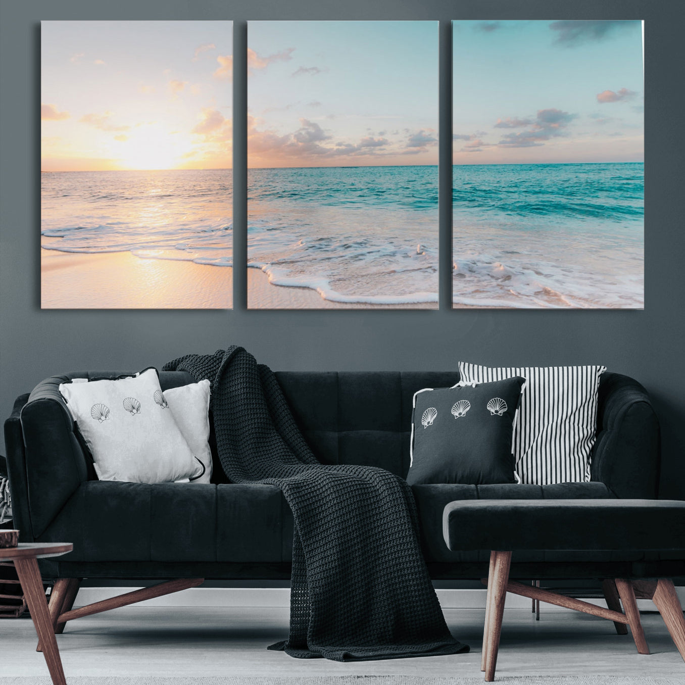 49620-MGV-CV-60X30-3P-Tranquil Ocean Beach Sunset Canvas Wall Art | 3-Panel Coastal Decor