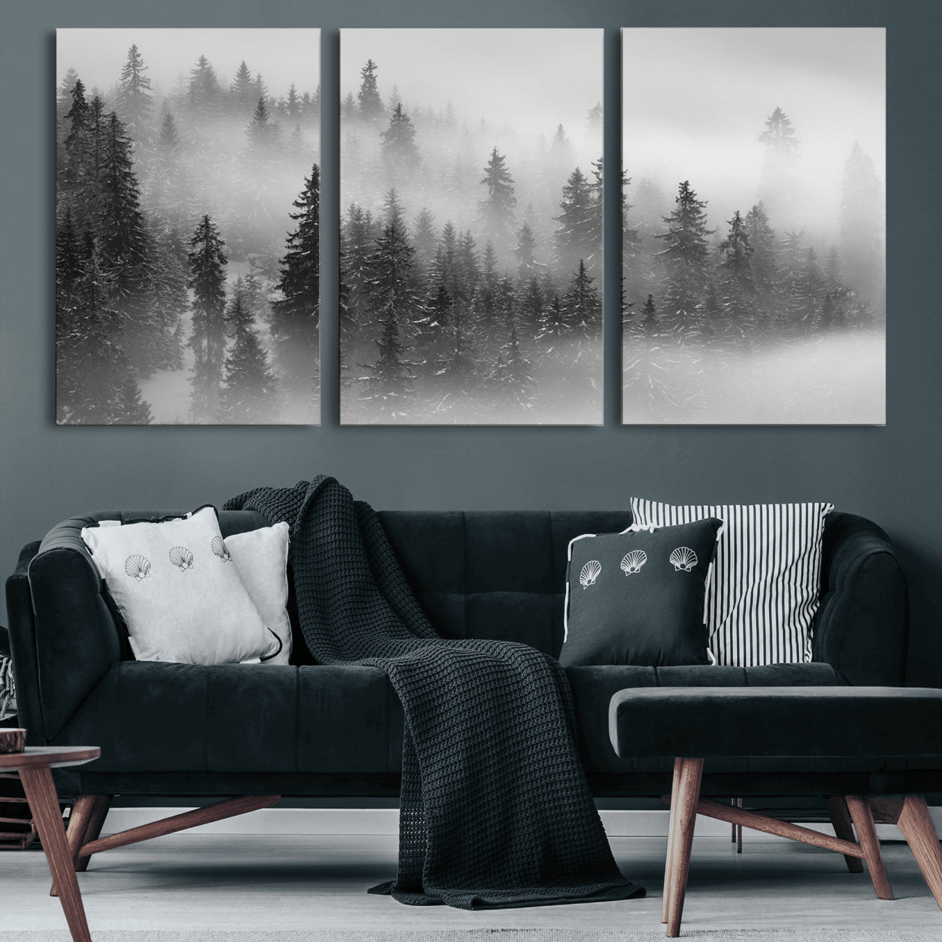 57235-MGV-CV-36X24-Foggy Misty Forest Canvas Wall Art – Black and White Landscape – Framed and Ready to Hang Modern