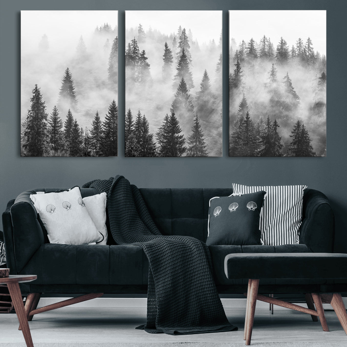 10422-MGV-CV-60X30-3P-Forest Wall Art Print | Foggy Pine Forest Canvas Wall Art - Black and White Nature Decor for Living Room, Office