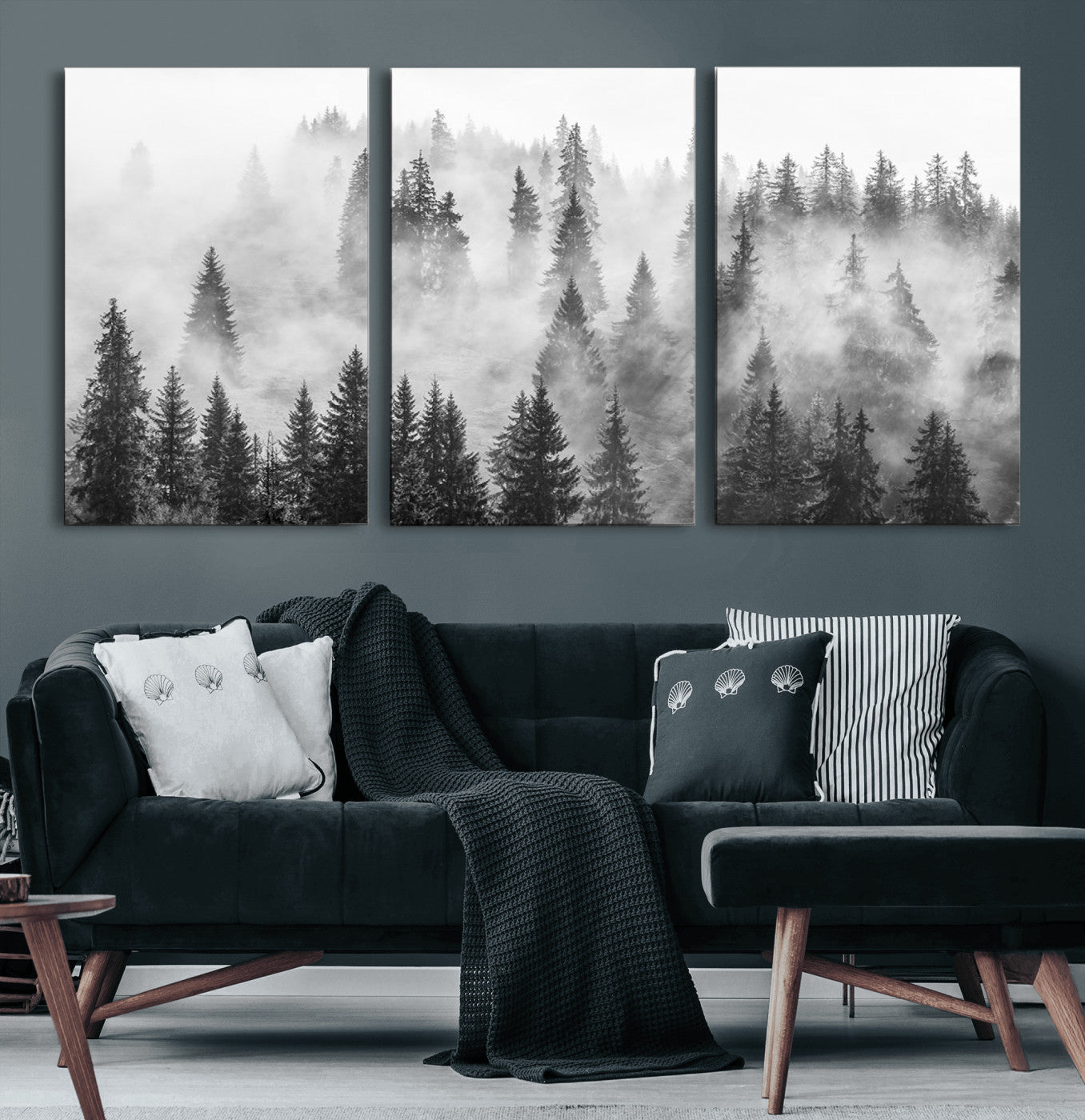 10422-MGV-CV-60X30-3P-Forest Wall Art Print | Foggy Pine Forest Canvas Wall Art - Black and White Nature Decor for Living Room, Office
