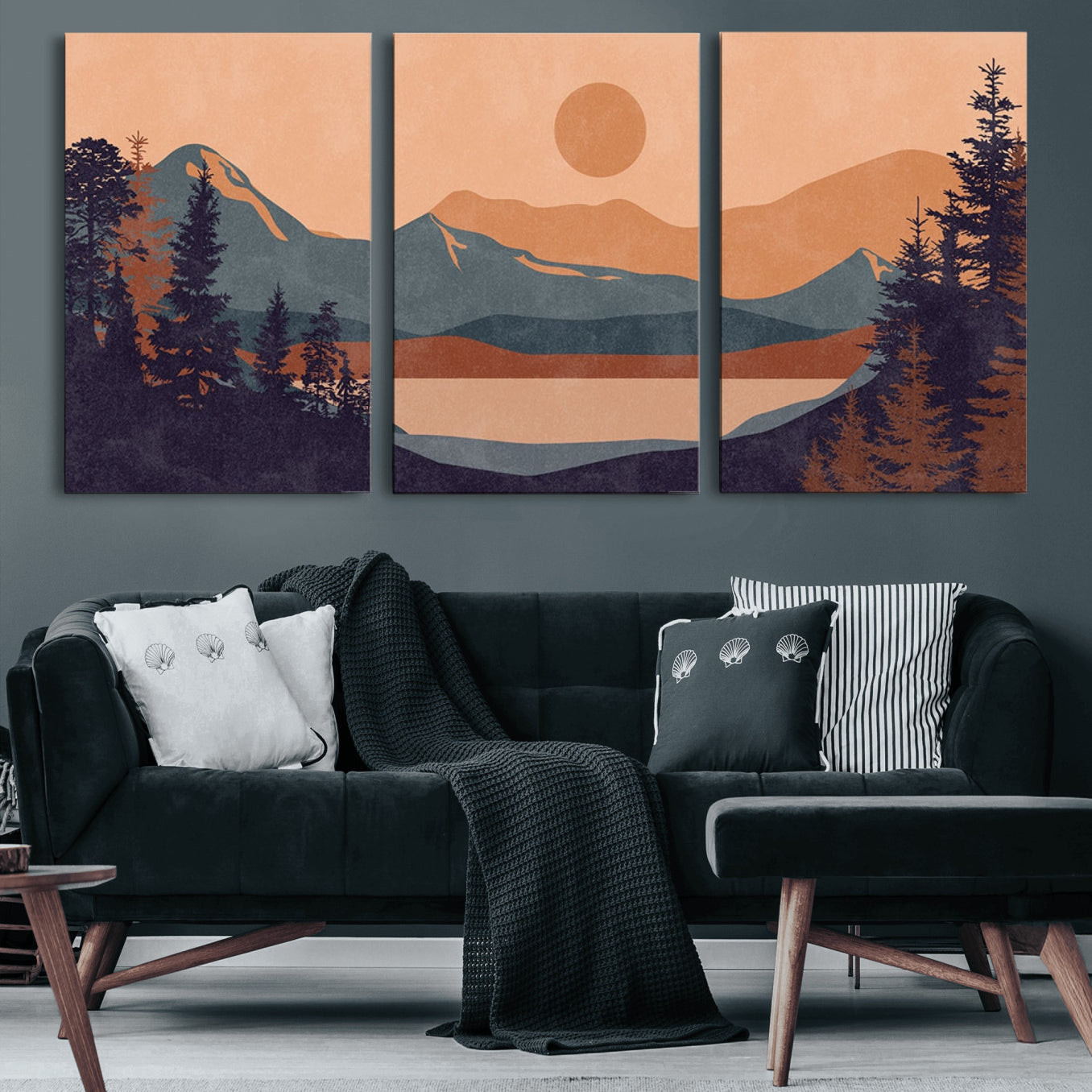 62795-MGV-CV-60X30-3P-Modern Boho Sunset Canvas Print, Mountain Landscape Triptych – Giclée Canvas Art Print for Living