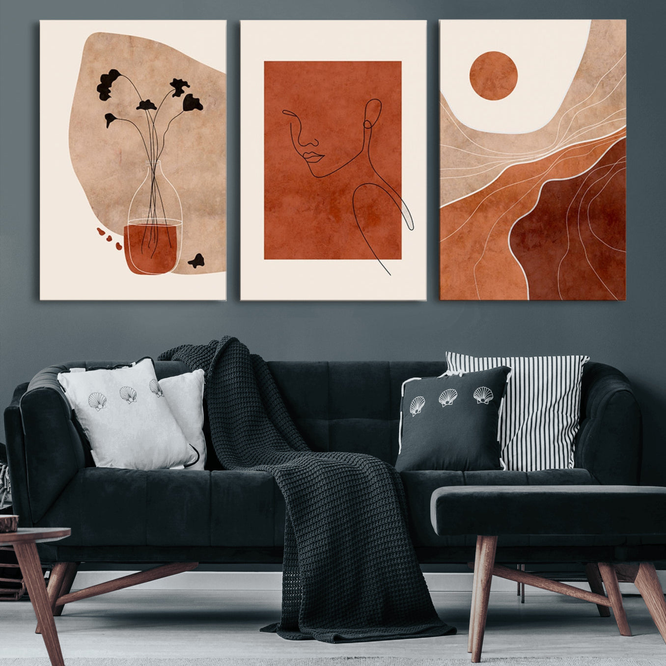 56768-MGV-CV-60X30-3P - Boho Sunset Mountain Canvas Print, Modern Boho Sunset Mountain Landscape Triptych – Giclée Canvas