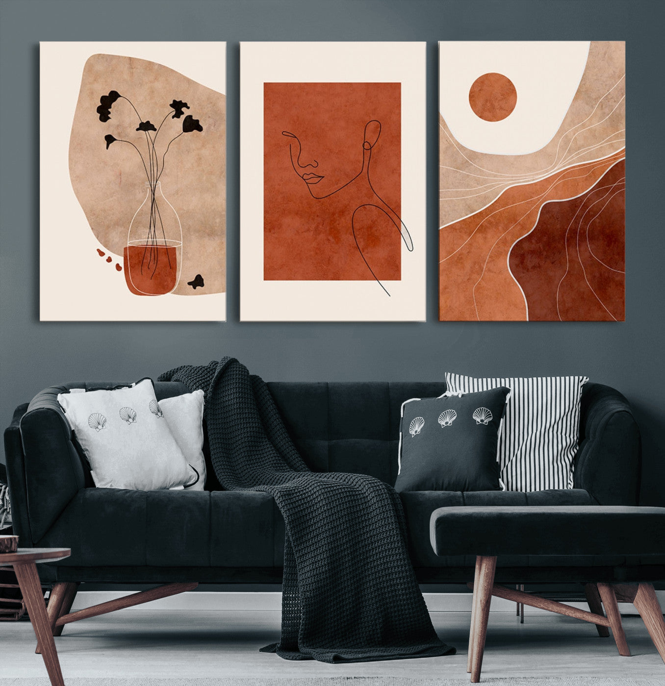 56768-MGV-CV-60X30-3P - Boho Sunset Mountain Canvas Print, Modern Boho Sunset Mountain Landscape Triptych – Giclée Canvas