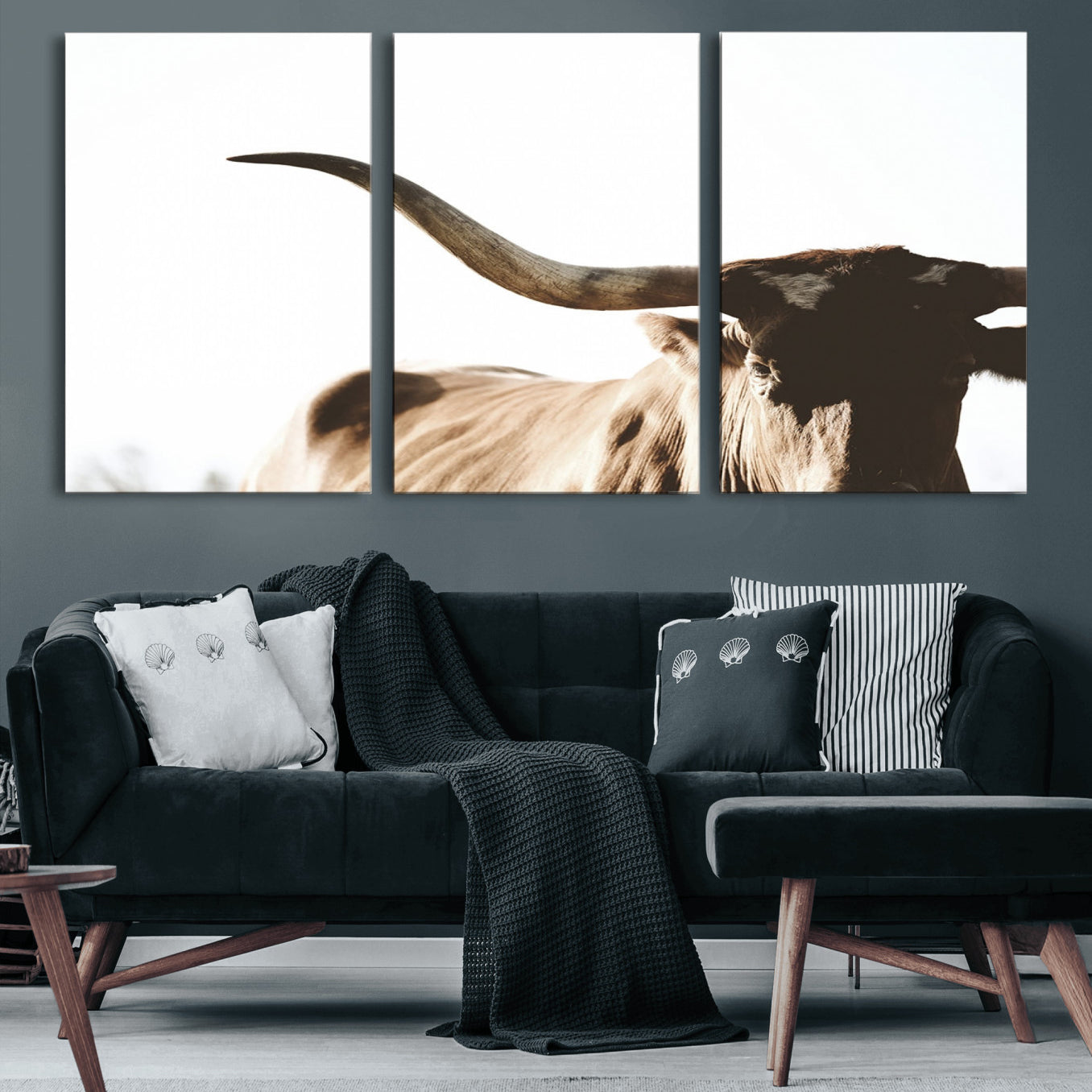 35866-MGV-CV-60X30-3P-Texas Longhorn Wall Art Canvas Print | 3-Panel Large Longhorn Canvas Print for Living Room, Framed