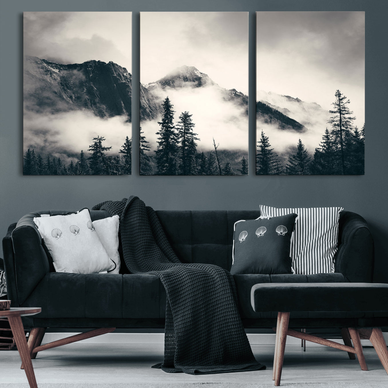 59517-MGV-CV-60X30-3P-Forest Mountain Print - Black and White Canvas Wall Art with Misty Forest Design for Elegant and