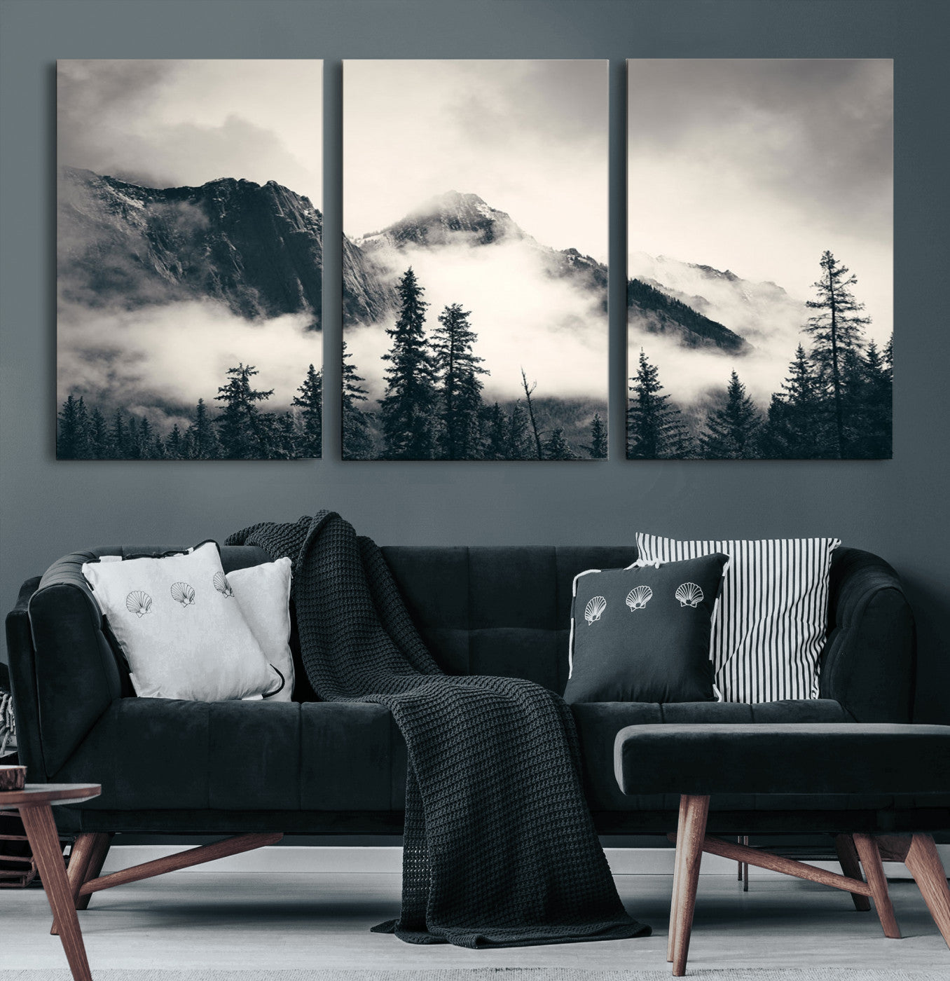 59517-MGV-CV-60X30-3P-Forest Mountain Print - Black and White Canvas Wall Art with Misty Forest Design for Elegant and