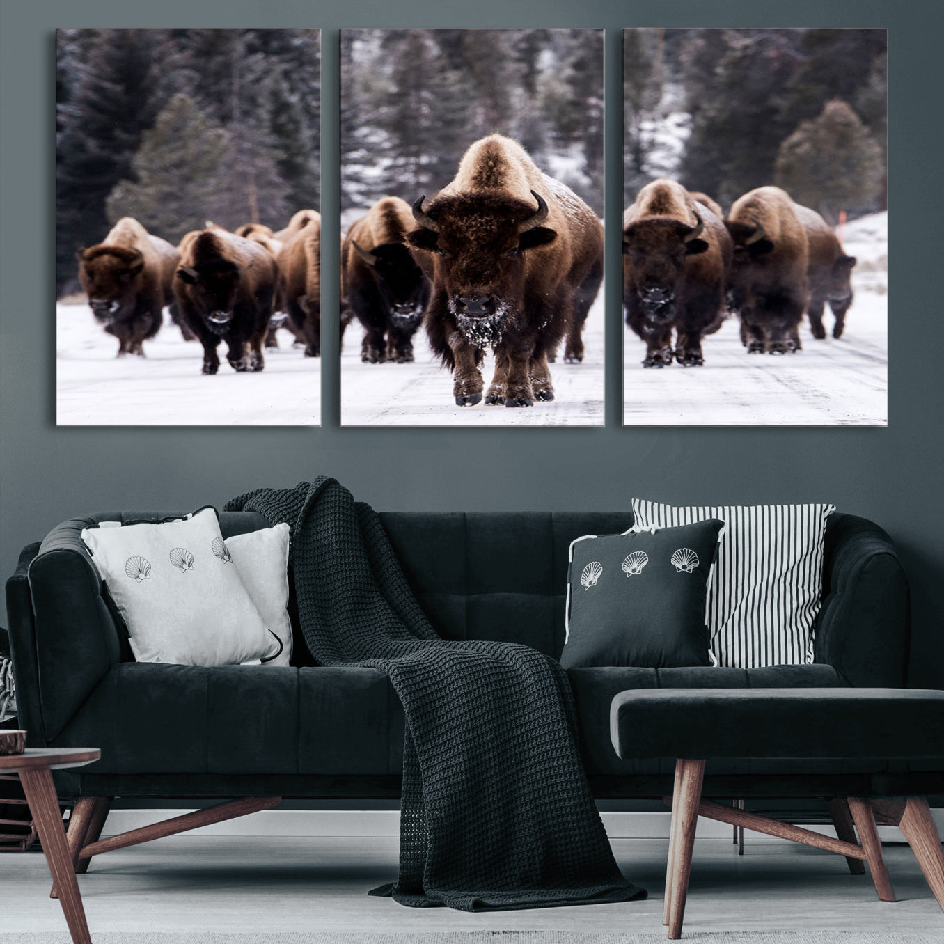 66871-MGV-CV-60X30-3P-Bison Wall Art Canvas Print- Bison Herd Canvas Wall Art – Majestic Wildlife Photography – Framed and
