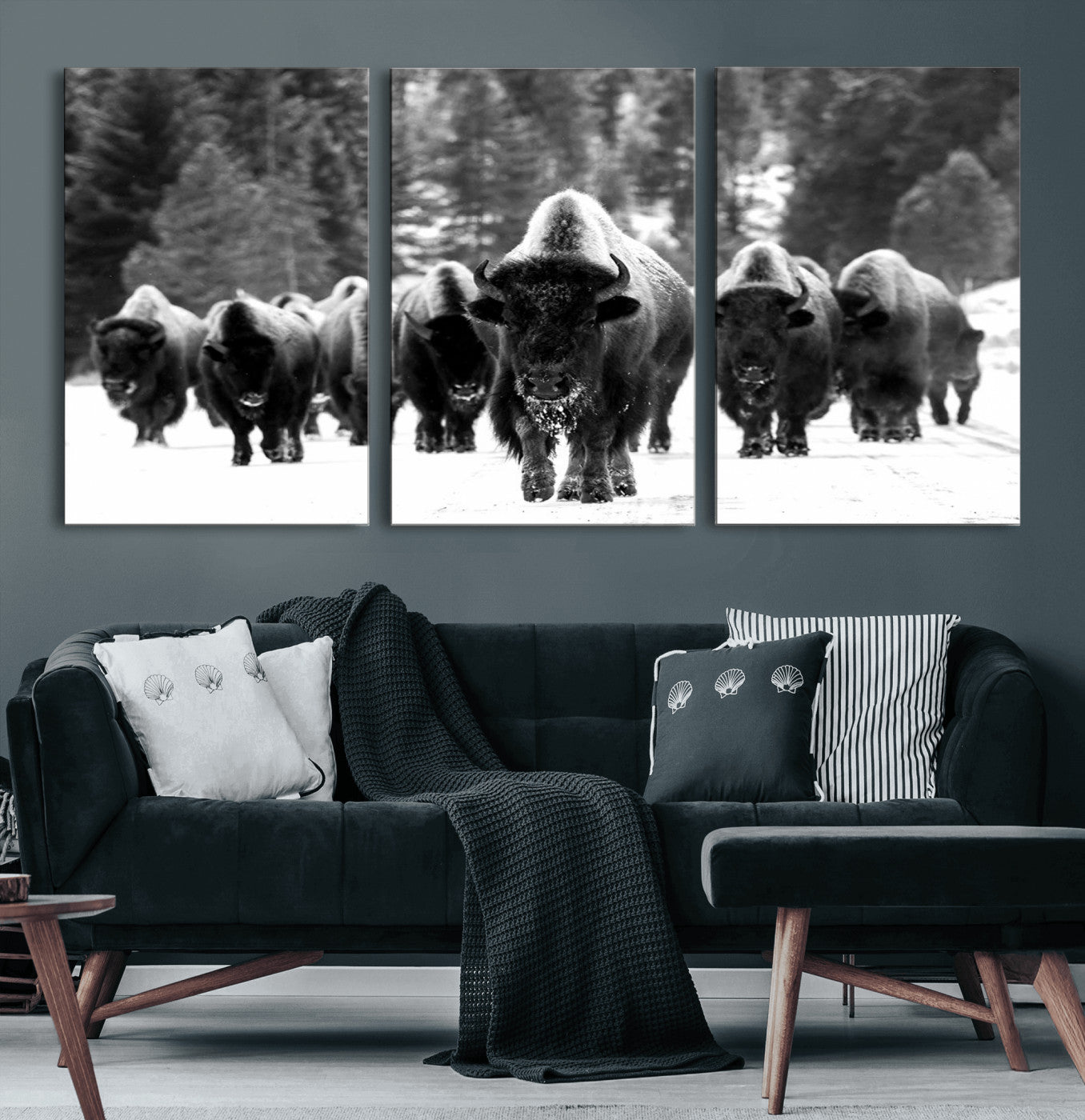 62434-MGV-CV-60X30-3P-Bison Herd in Snow Wall Art Canvas Print | Rustic Western Bison Wall Art for Decor for Living Room,