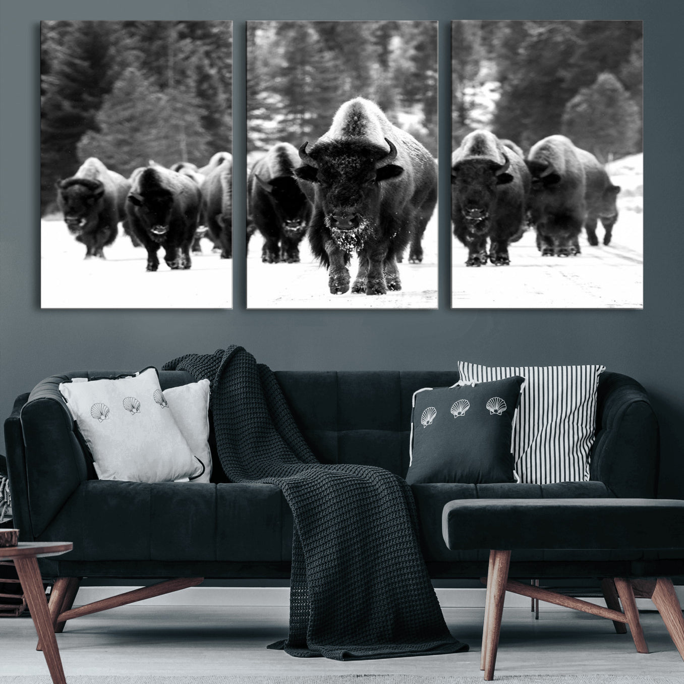 62434-MGV-CV-60X30-3P-Bison Herd in Snow Wall Art Canvas Print | Rustic Western Bison Wall Art for Decor for Living Room,