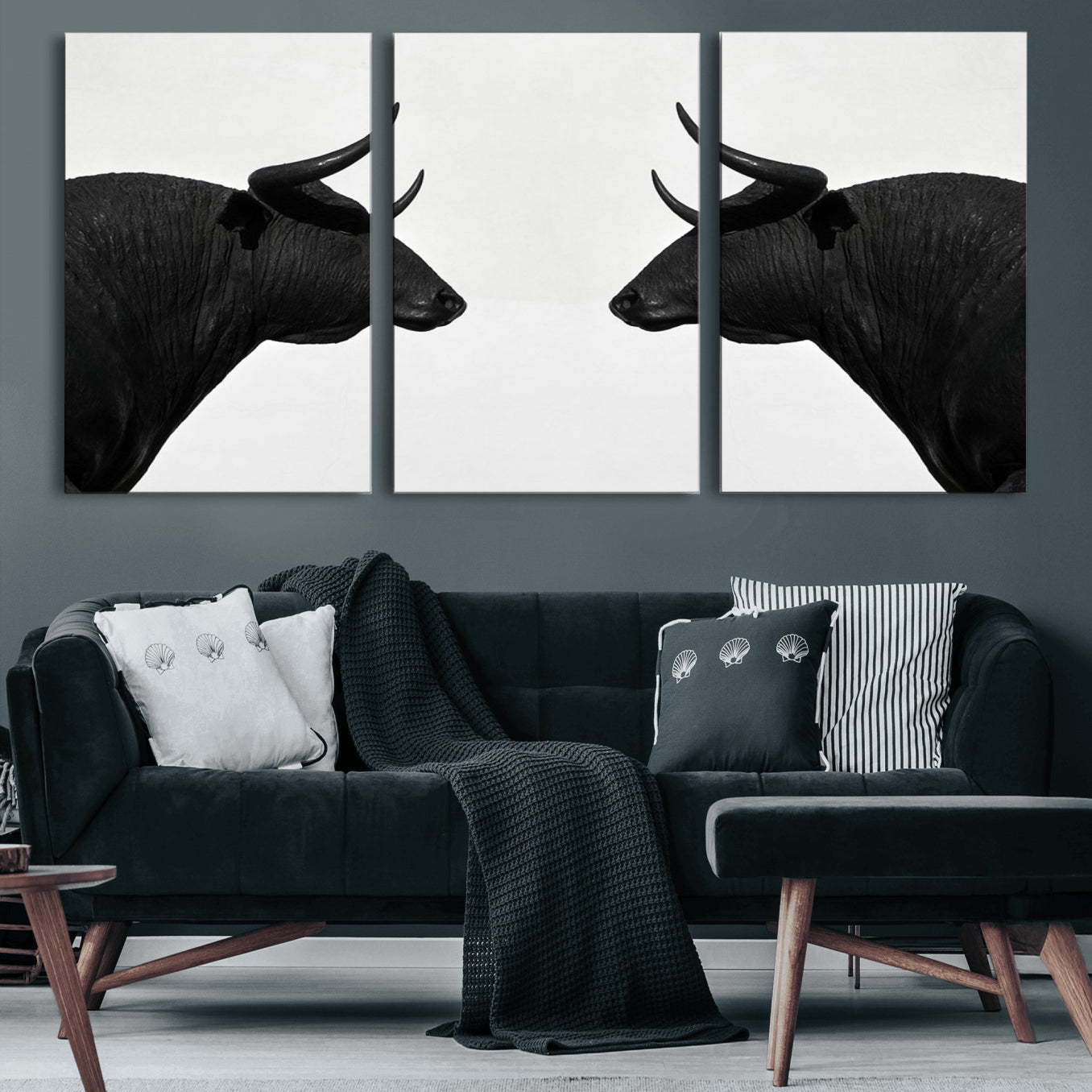 16038-MGV-CV-60X30-3P-Spanish Bull Art - Framed Black and White Bull Canvas Print for Modern Rustic Home or Office Decor
