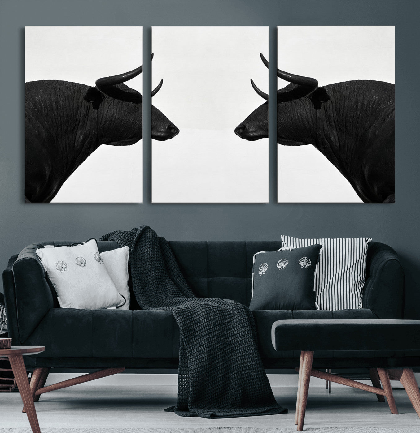 16038-MGV-CV-60X30-3P-Spanish Bull Art - Framed Black and White Bull Canvas Print for Modern Rustic Home or Office Decor