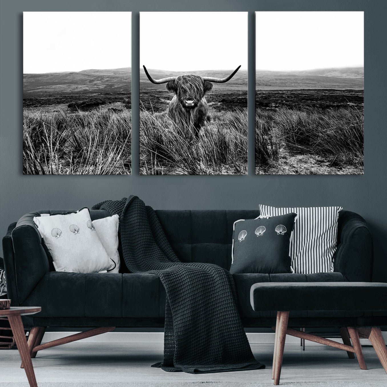 -MGV-CV-60X30-3P-Black and White Highland Cow Canvas Wall Art, Longhorn Triptych Western Wall Decor for Cabin -