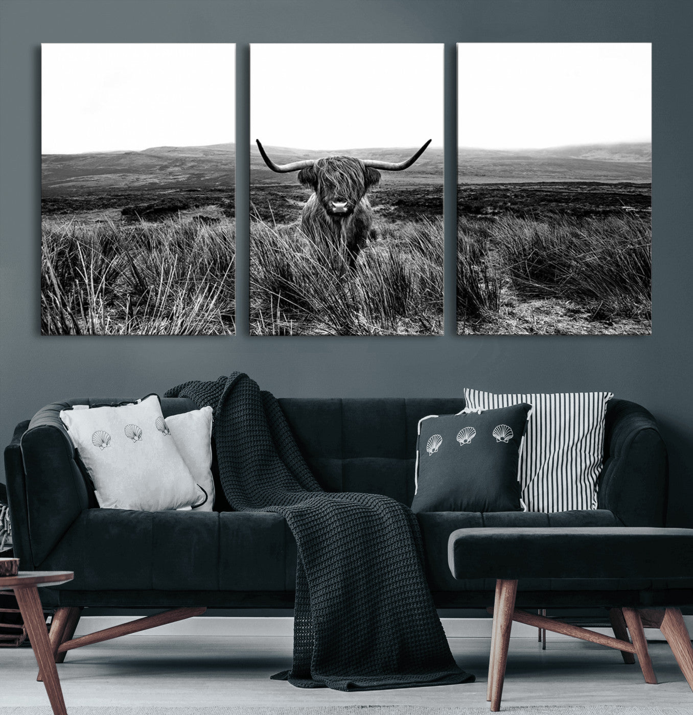 -MGV-CV-60X30-3P-Black and White Highland Cow Canvas Wall Art, Longhorn Triptych Western Wall Decor for Cabin -