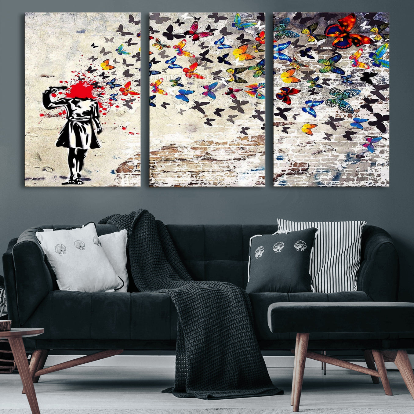 88654-MGV-CV-60X30-3P-Banksy Art Butterfly Girl Explosion Canvas Art – Vibrant Urban Graffiti for Modern Interiors - Ready