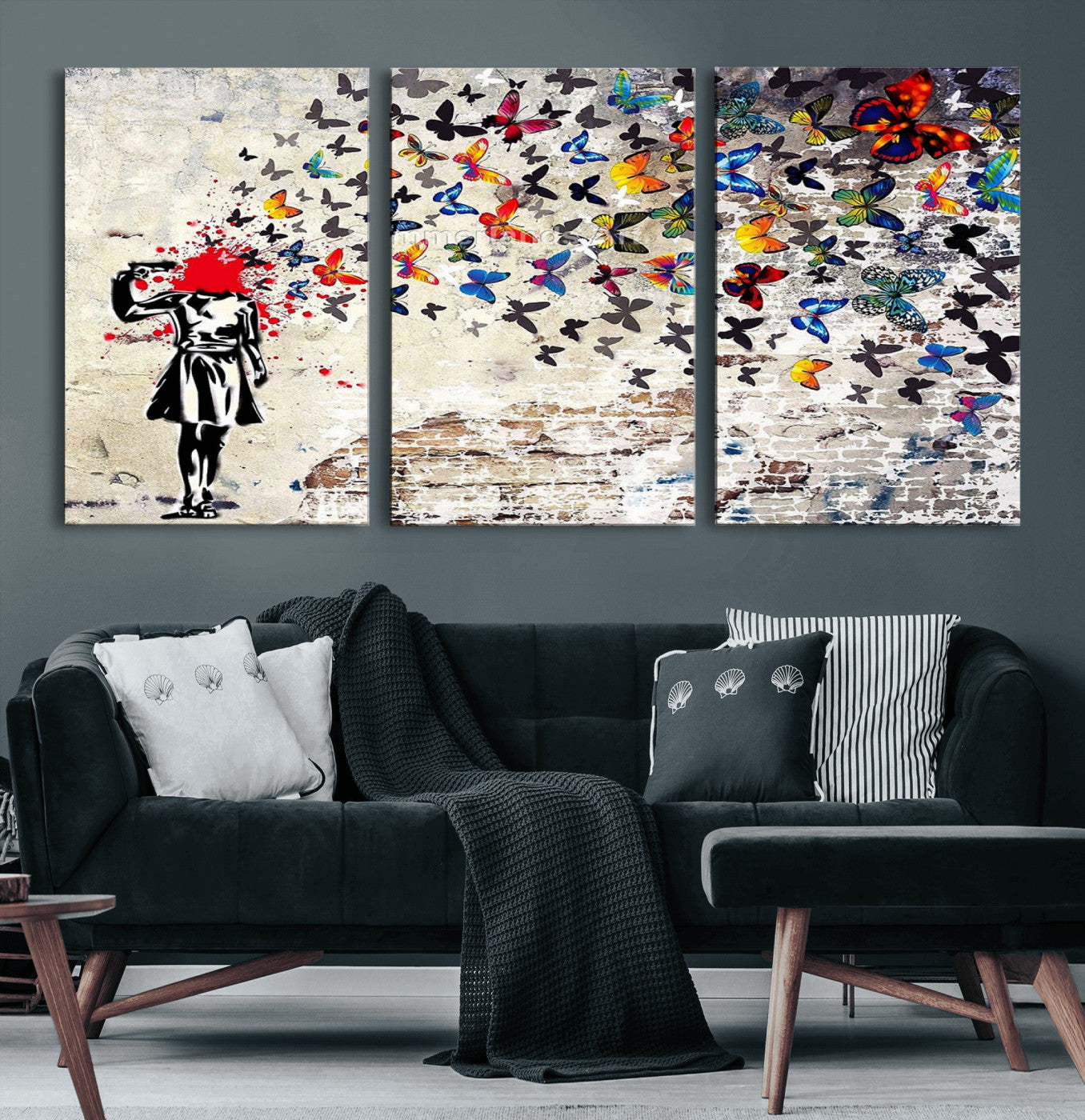 88654-MGV-CV-60X30-3P-Banksy Art Butterfly Girl Explosion Canvas Art – Vibrant Urban Graffiti for Modern Interiors - Ready