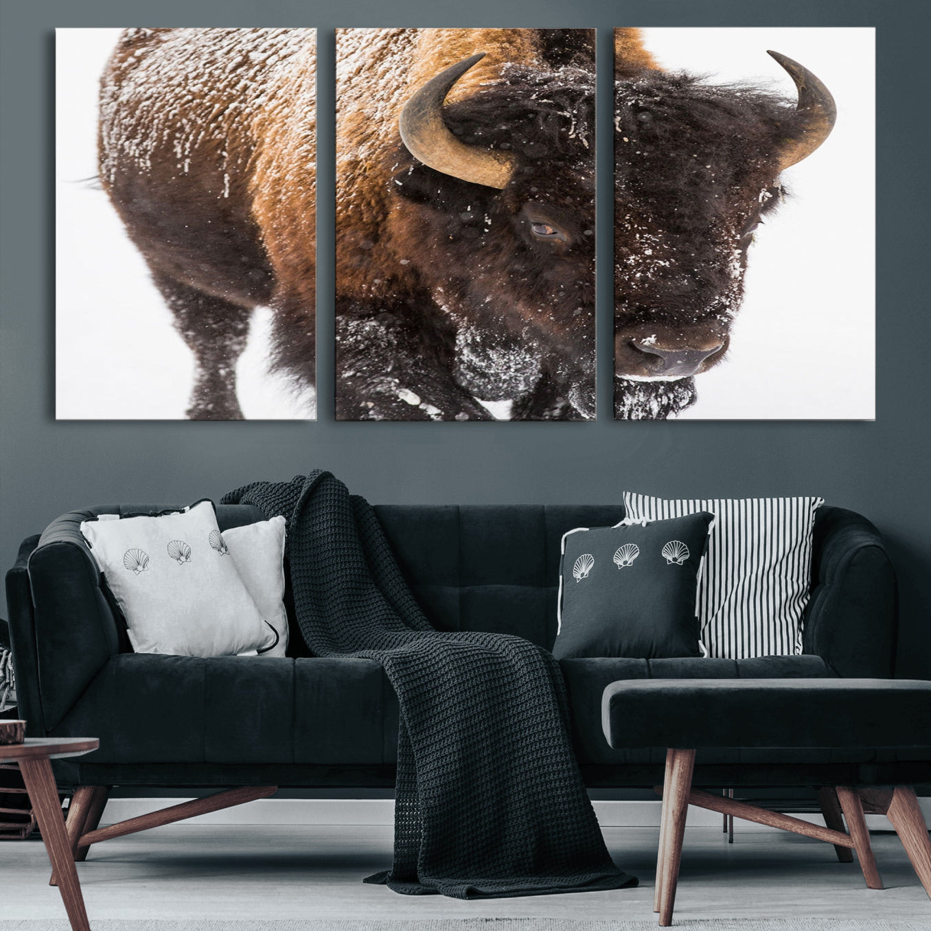 65605-MGV-CV-60X30-3P-Bison Wall Art Canvas Print For Farmhouse, Wild Animal Wall Art, Framed Wild Bison Wall Art
