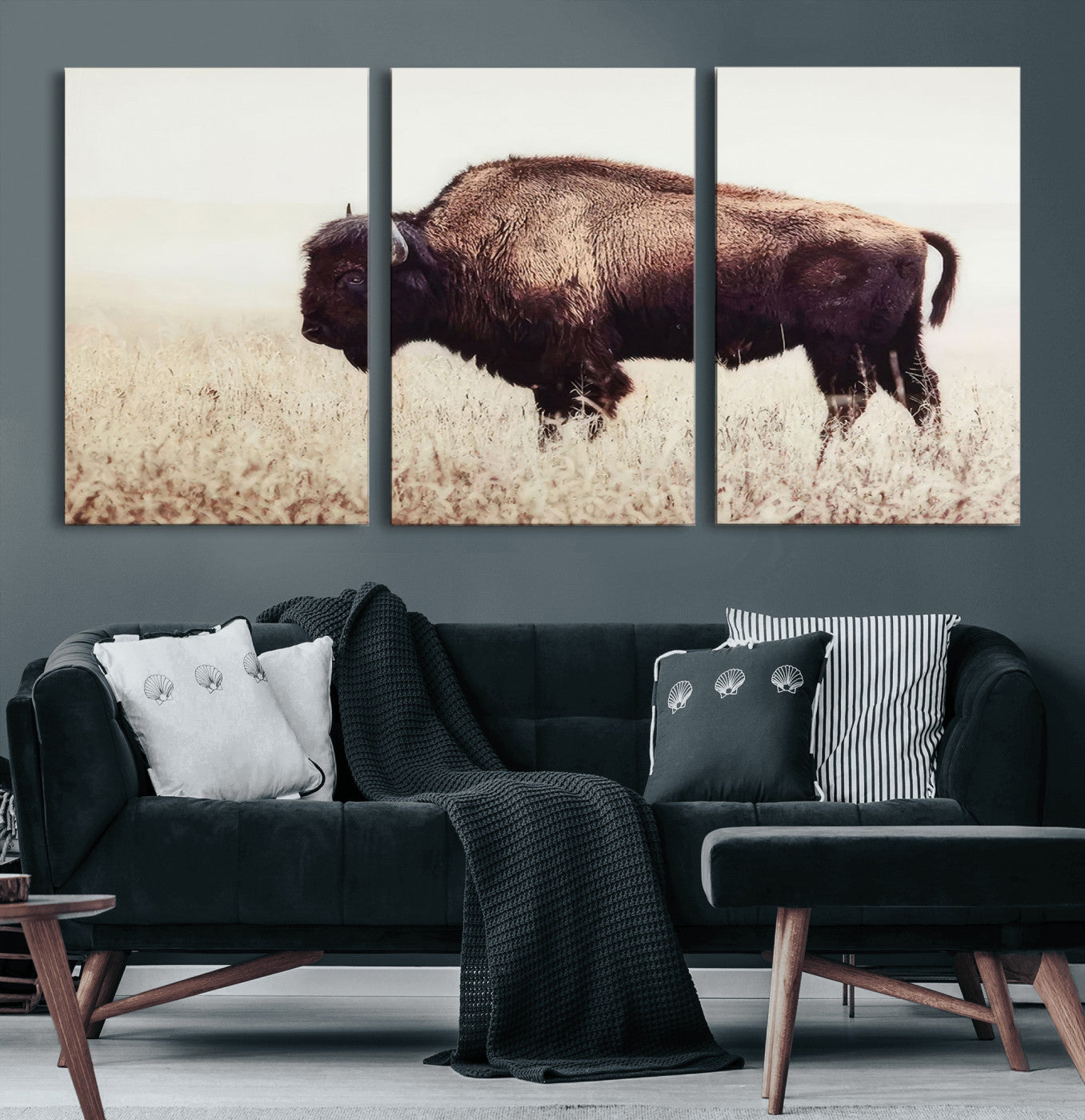 48406-MGV-CV-60X30-3P-Bison in Field Wall Art Canvas Print For Farmhouse Barn Decor