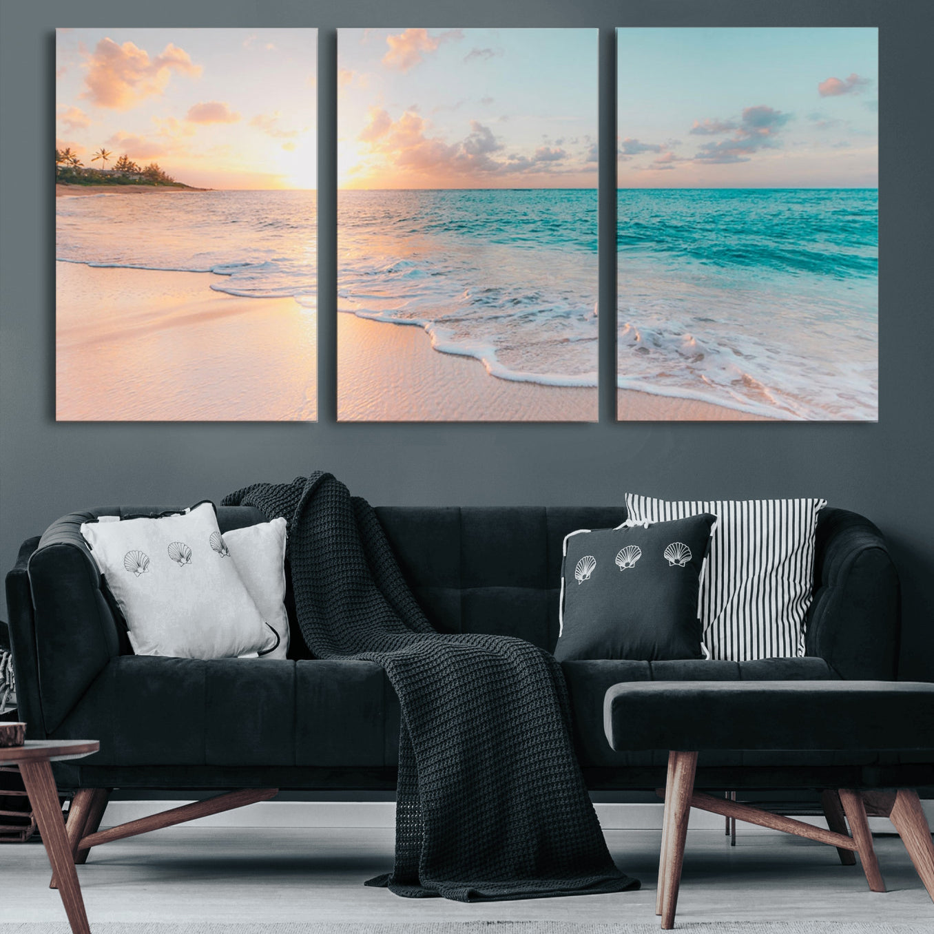 36554-MGV-CV-60X30-3P-Beach Sunrise Wall Art, Coastal Seascape Canvas Print, Ocean Wave Multi-Panel Giclee, Coastal Sunset