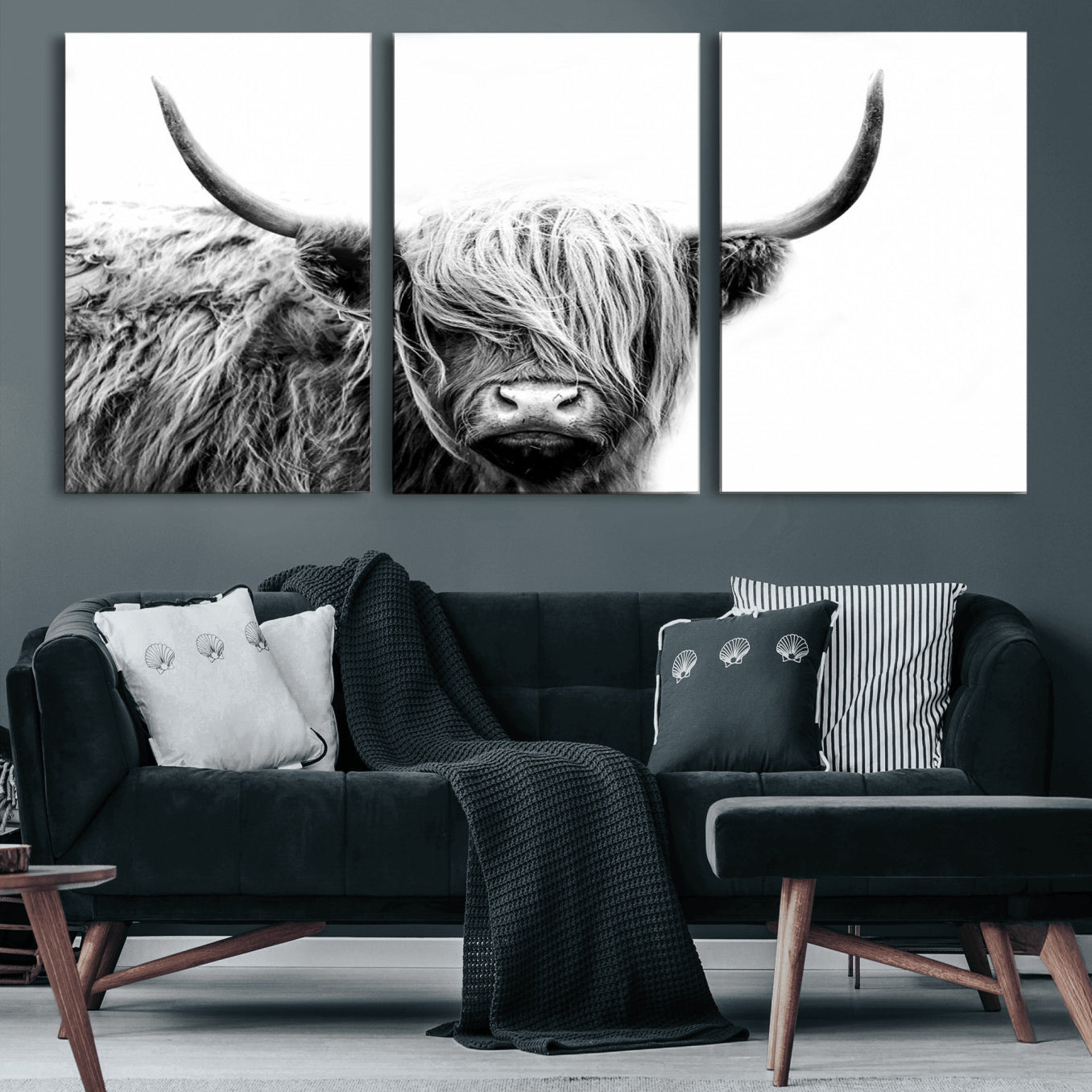 51957-MGV-CV-60X30-3P-Black White Scottish Highland Cow Cattle Art Print Farmhouse Wall Art Canvas Print