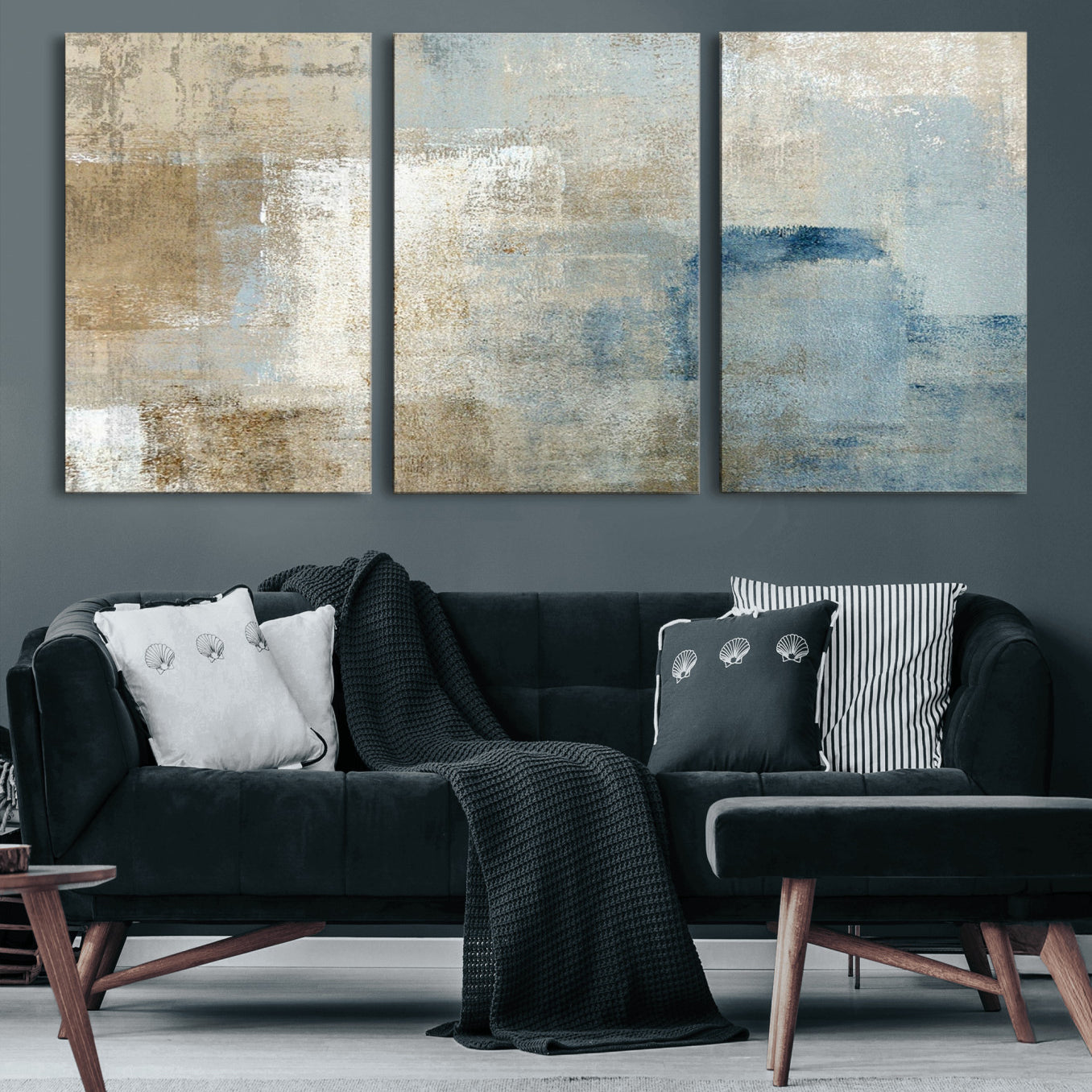 38126-MGV-CV-60X30-3P-Abstract Blue and Beige Wall Art, Modern Minimalist Canvas Print Set, Giclee Textured Art, Large