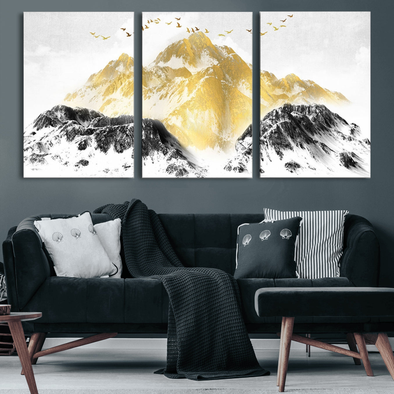 37733-MGV-CV-60X30-3P-Golden Mountain Triptych Wall Art Canvas Print, Modern Giclee Canvas Print, Nature Landscape Decor