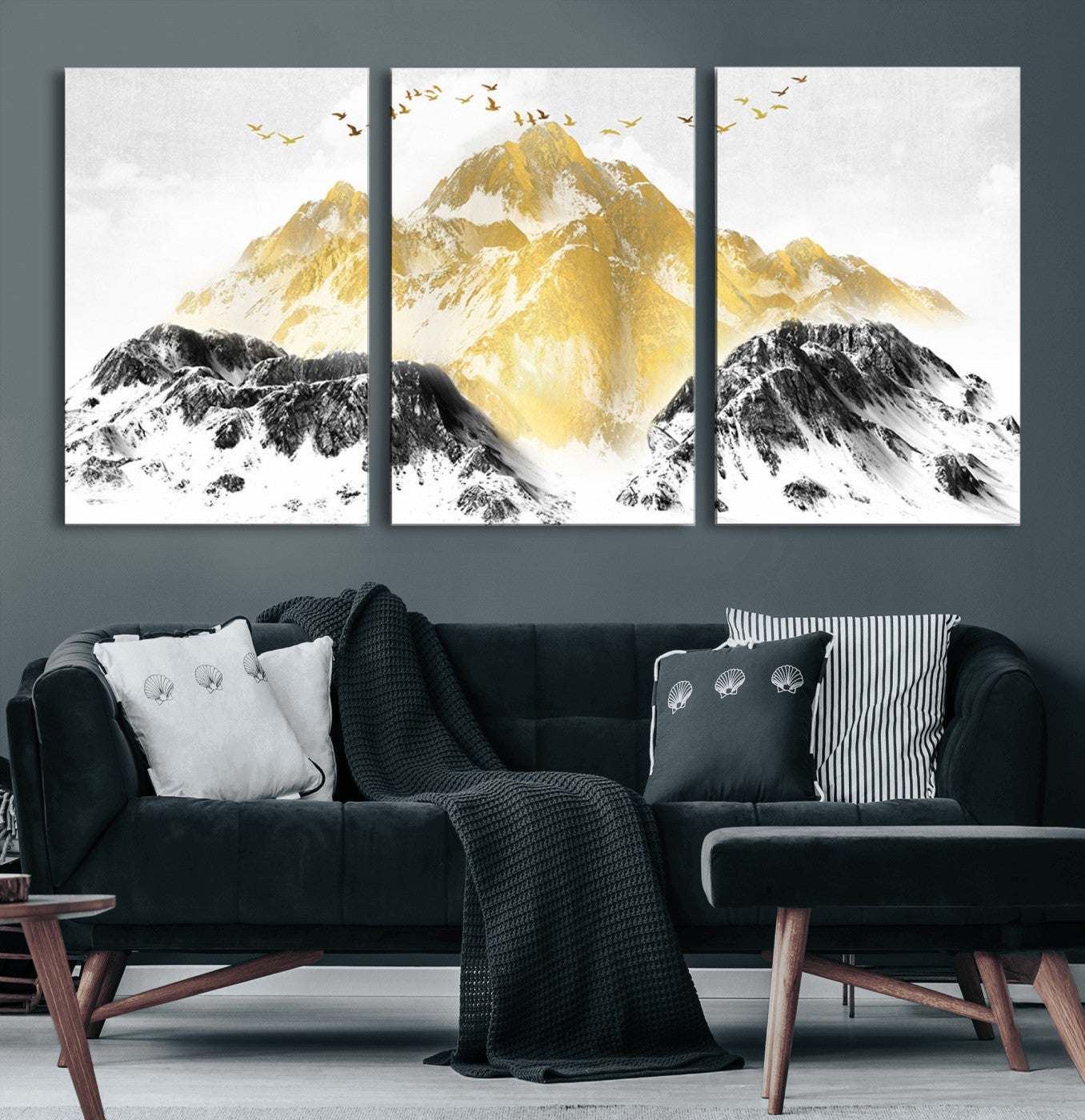 37733-MGV-CV-60X30-3P-Golden Mountain Triptych Wall Art Canvas Print, Modern Giclee Canvas Print, Nature Landscape Decor