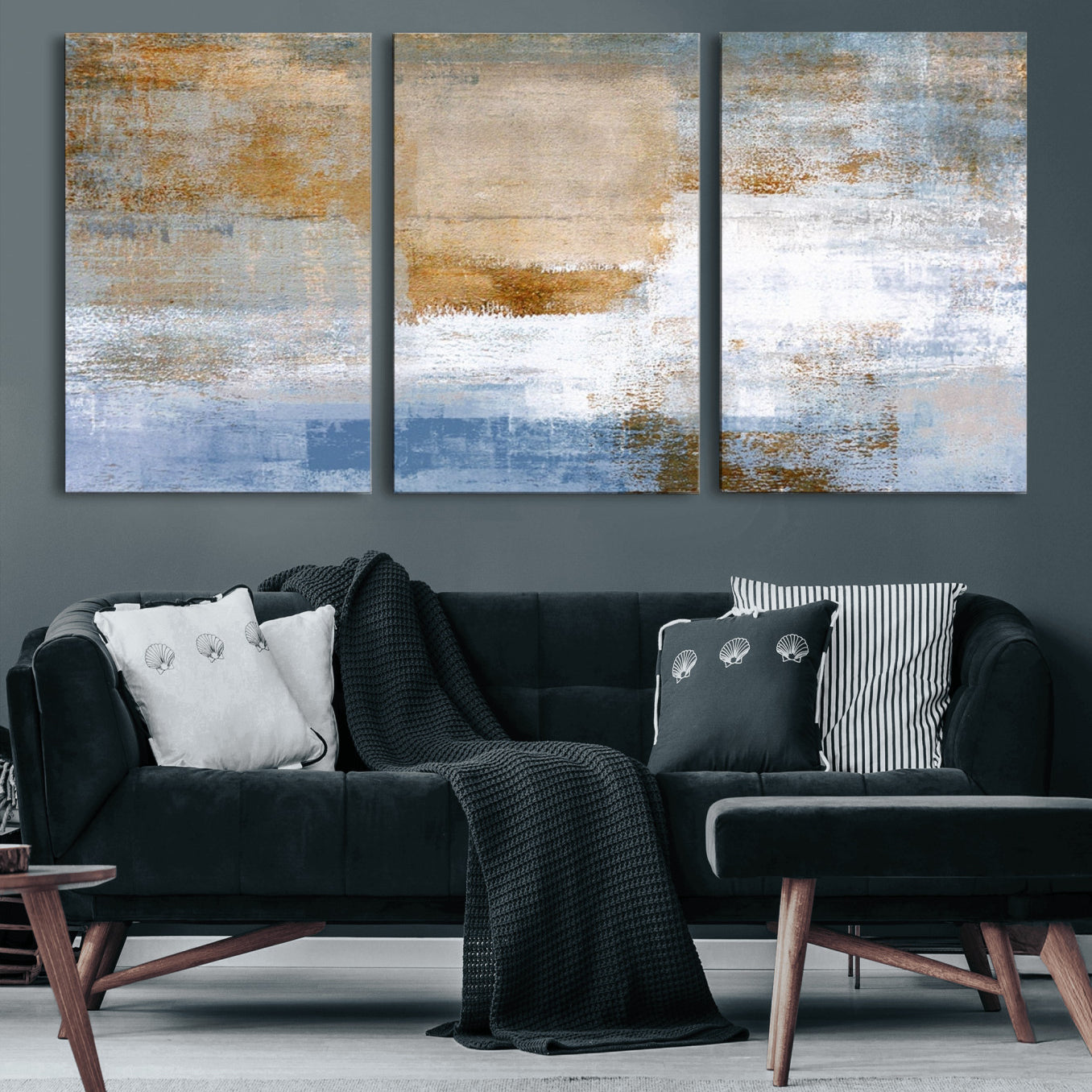 72354-MGV-CV-60X30-3P-Blue Multi Panel Abstract Wall Art Canvas, Abstract Blue and Gold Canvas Print