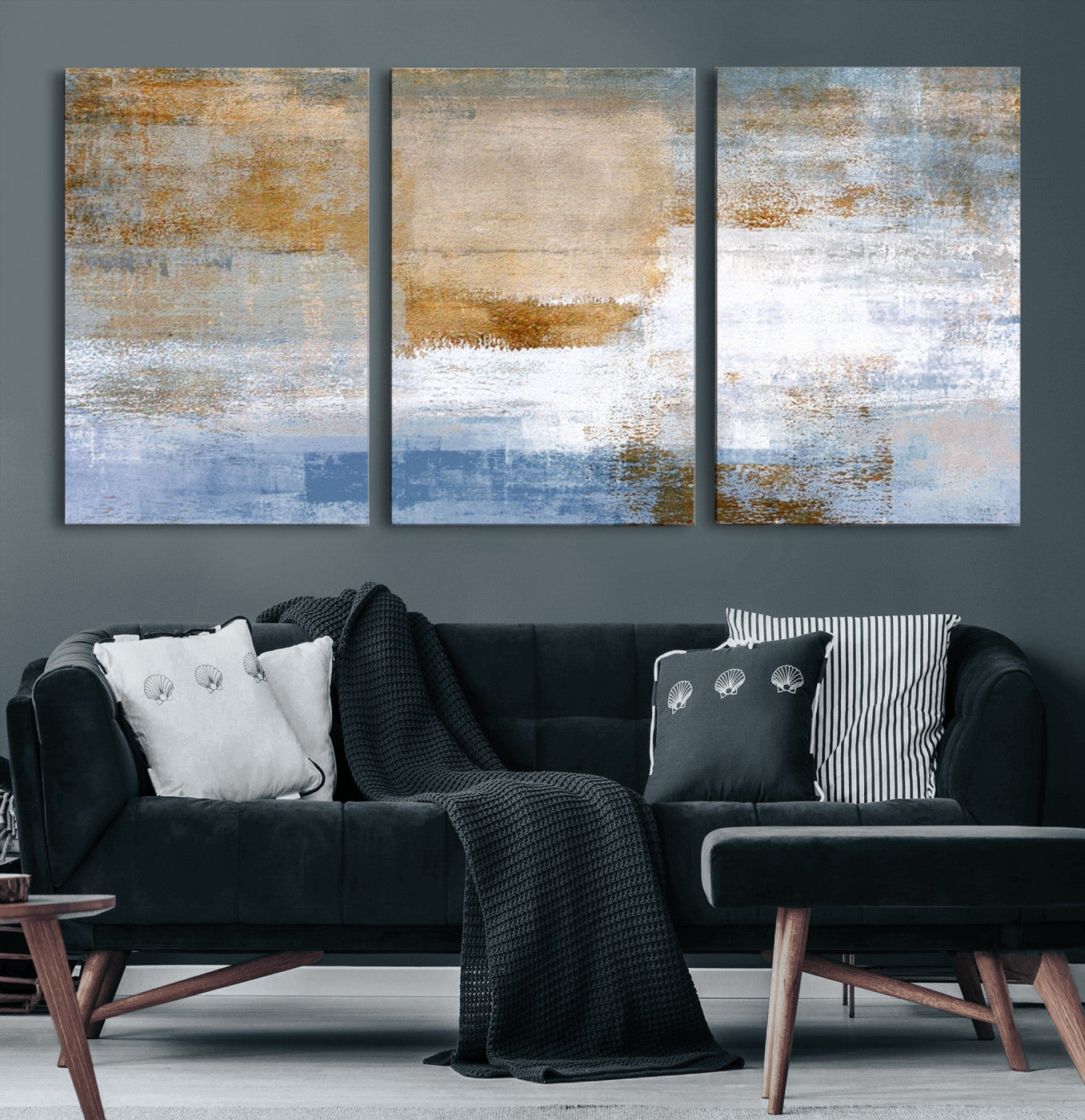 72354-MGV-CV-60X30-3P-Blue Multi Panel Abstract Wall Art Canvas, Abstract Blue and Gold Canvas Print