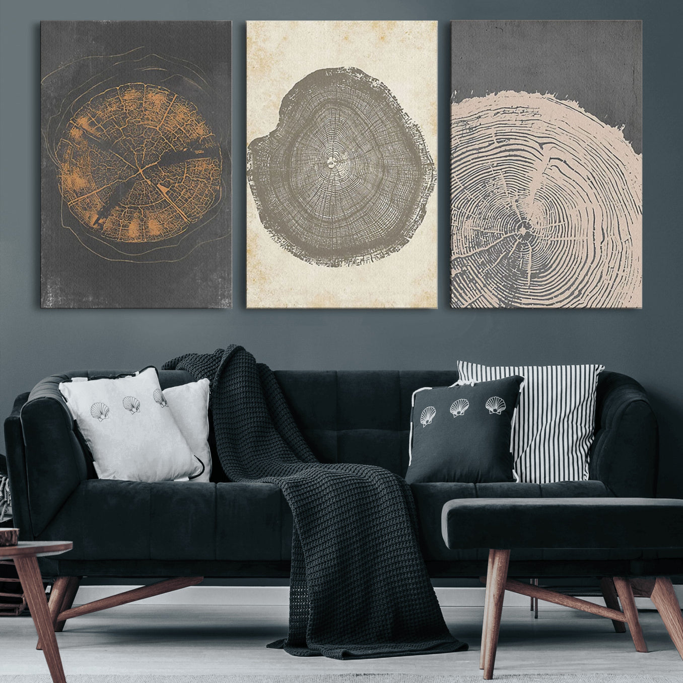 80725-MGV-CV-60X30-3P-Boho Tree Ring Wall Art, Modern Minimalist Wood Grain Canvas, Tree Slice for Rustic Decor, Farmhouse
