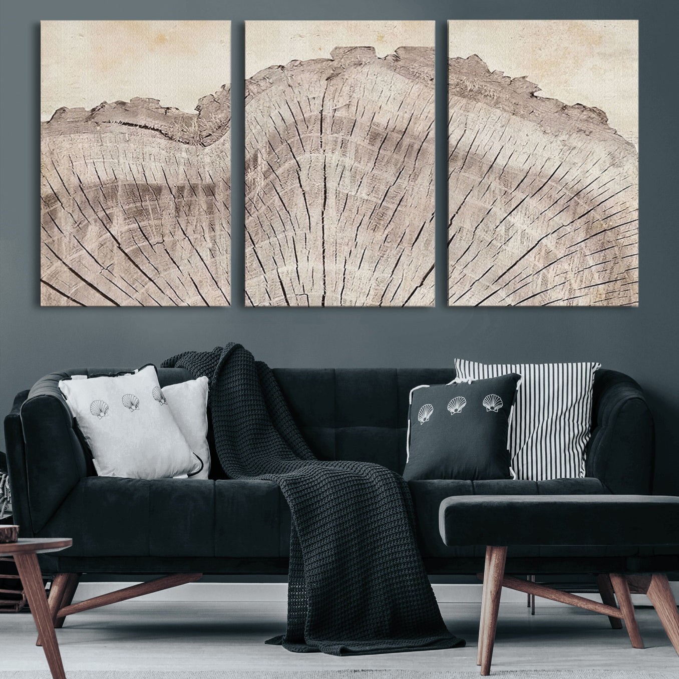 67528-MGV-CV-60X30-3P-Tree Ring Wall Art Triptych, Rustic Wood Ring Canvas Print, Minimalist Wall Decor for Modern Homes