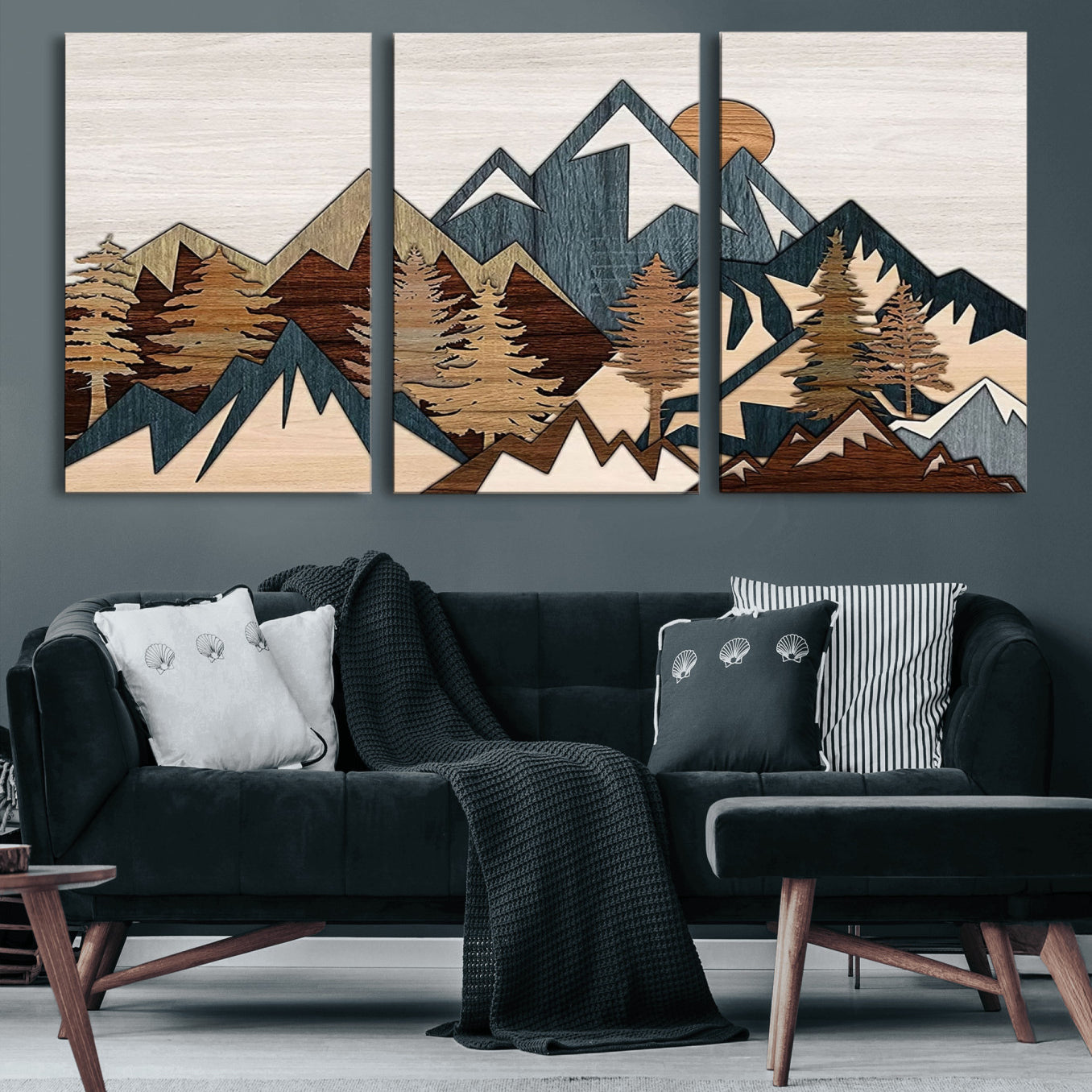 67950-MGV-CV-60X30-3P-Rustic Abstract Wood Panel Effect Canvas Mountain Range Top Wood Wall Art Canvas Print