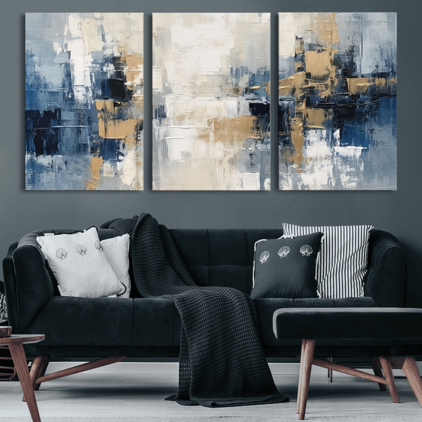 44344-MGV-CV-60X30-3P-Modern Abstract Canvas Wall Art in Blue and Gold Tones | Large Contemporary Art for Living Room,