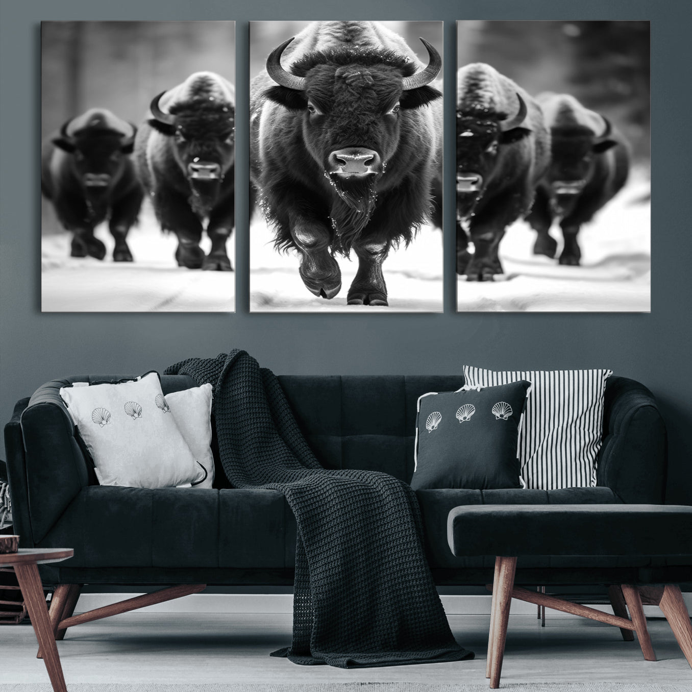 -American Bison Art | Buffalo Herd Wall Art Canvas Print, BW American Bison Herd Wall Art Canvas