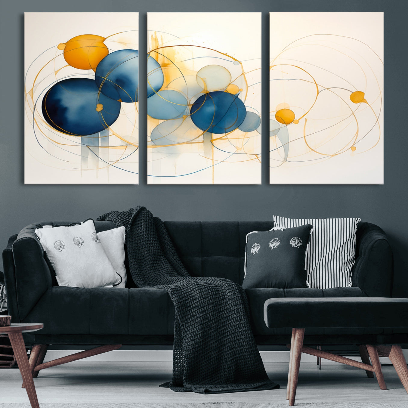 36188-MGV-CV-60X30-3P-Geometric Blue Orange Abstract Wall Art Canvas, Geometric Blue Orange Canvas Print