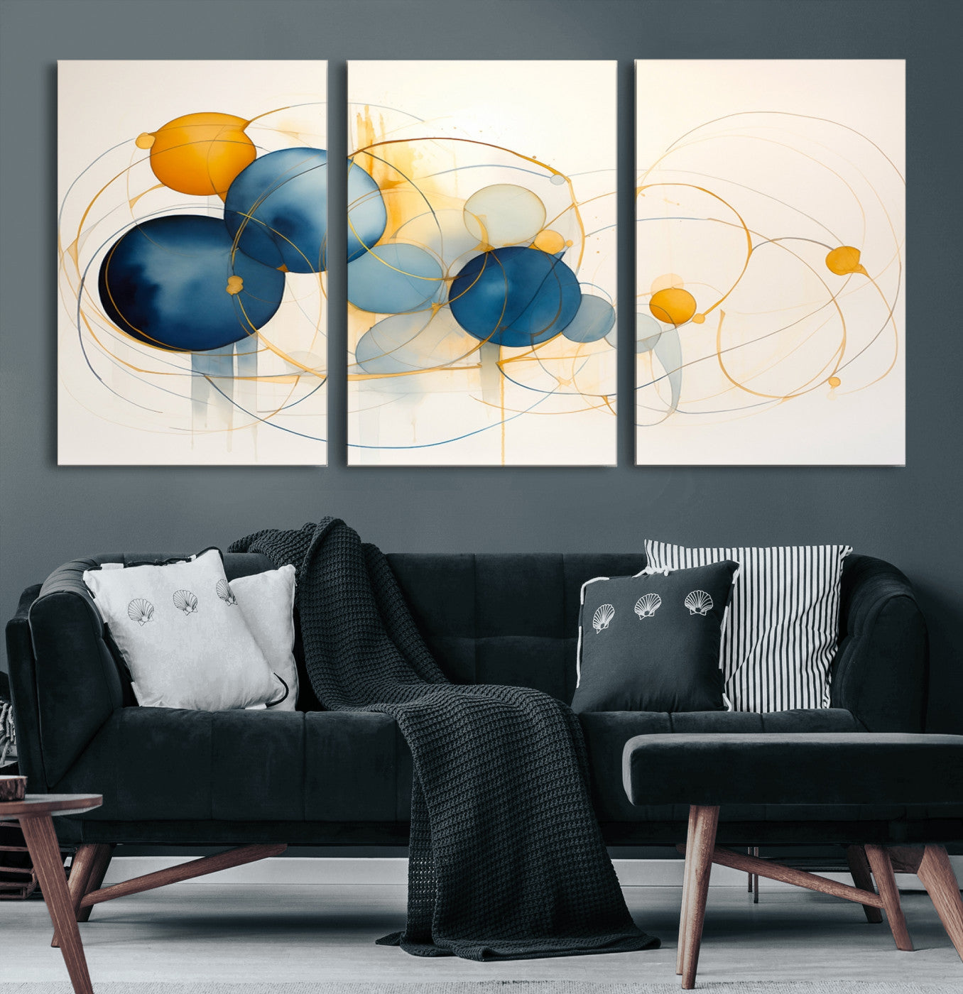 36188-MGV-CV-60X30-3P-Geometric Blue Orange Abstract Wall Art Canvas, Geometric Blue Orange Canvas Print